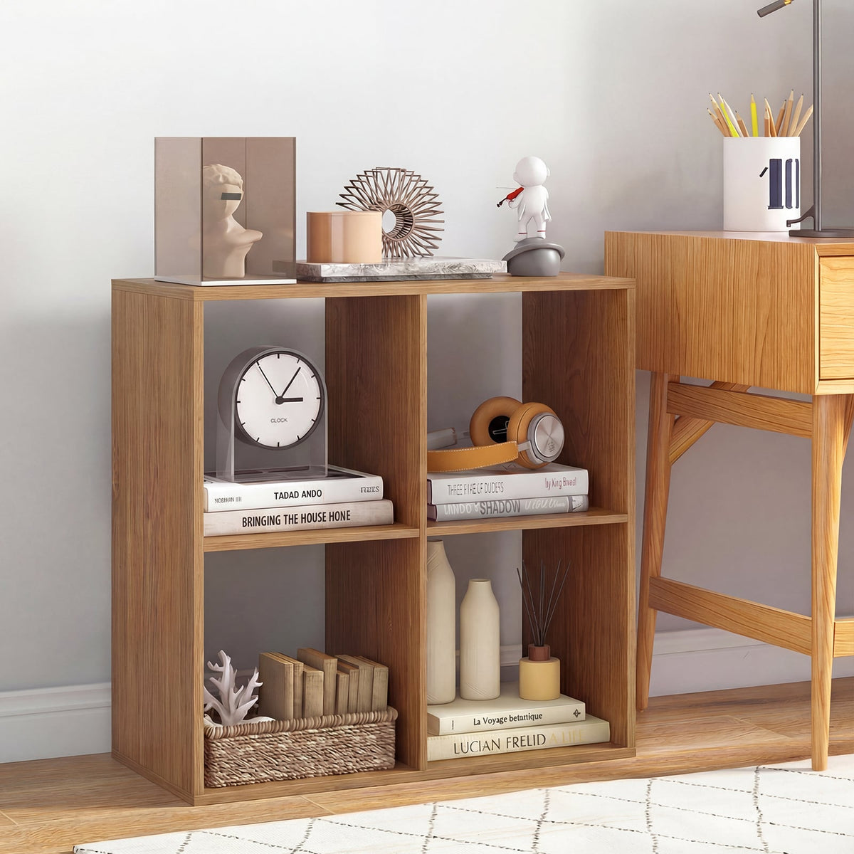 4 Cube Bookshelf with Back Guardrail for Living Room Bedroom-Natural-Bookcases-DECOROLALA