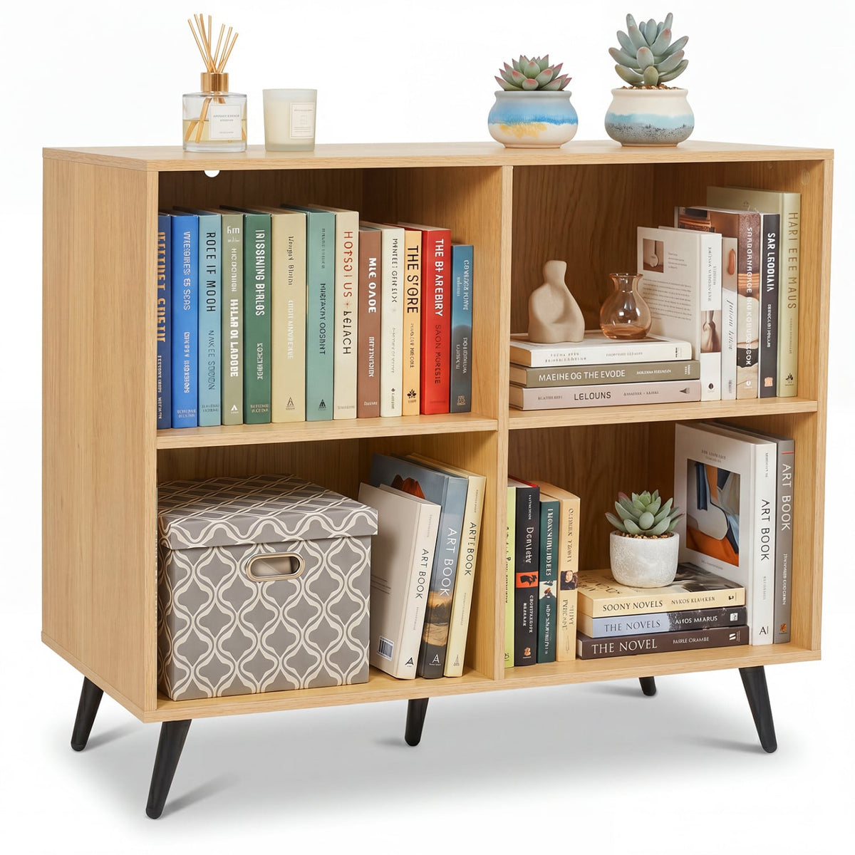 4-Cube Wooden Bookshelf Bookcase with 5 Metal Legs for Home-Natural-Bookcases-DECOROLALA