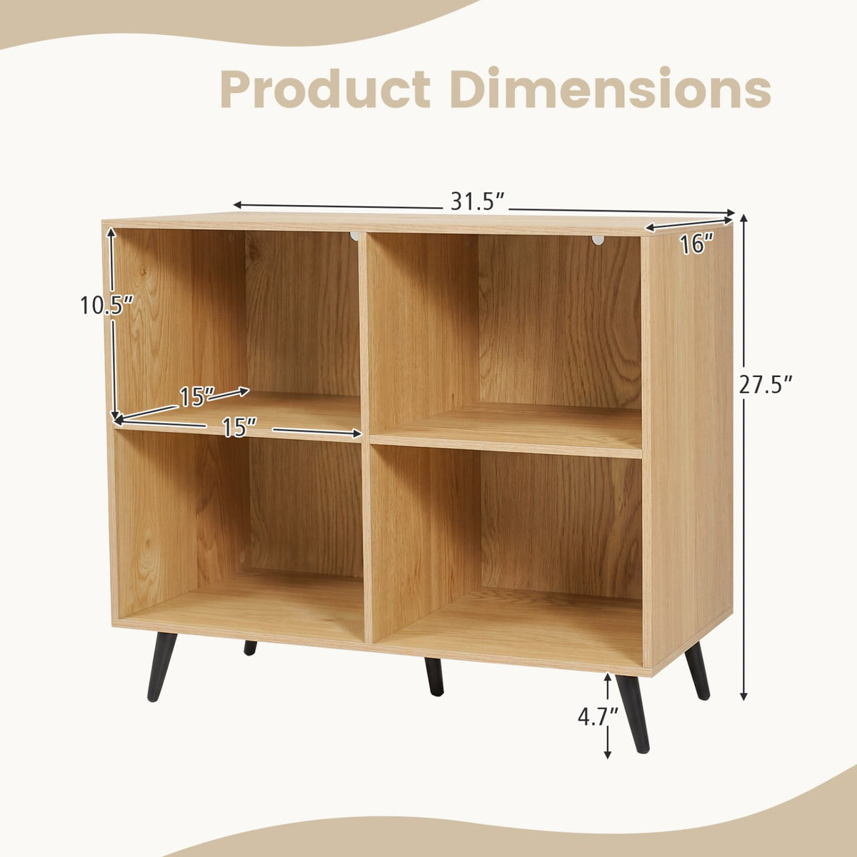 4-Cube Wooden Bookshelf Bookcase with 5 Metal Legs for Home-Natural-Bookcases-DECOROLALA