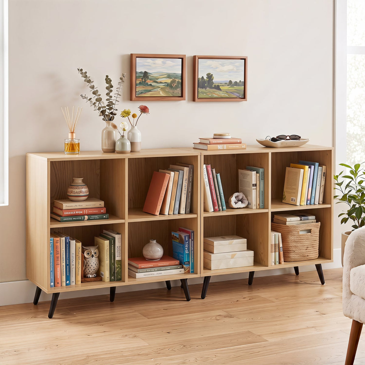 4-Cube Wooden Bookshelf Bookcase with 5 Metal Legs for Home-Natural-Bookcases-DECOROLALA