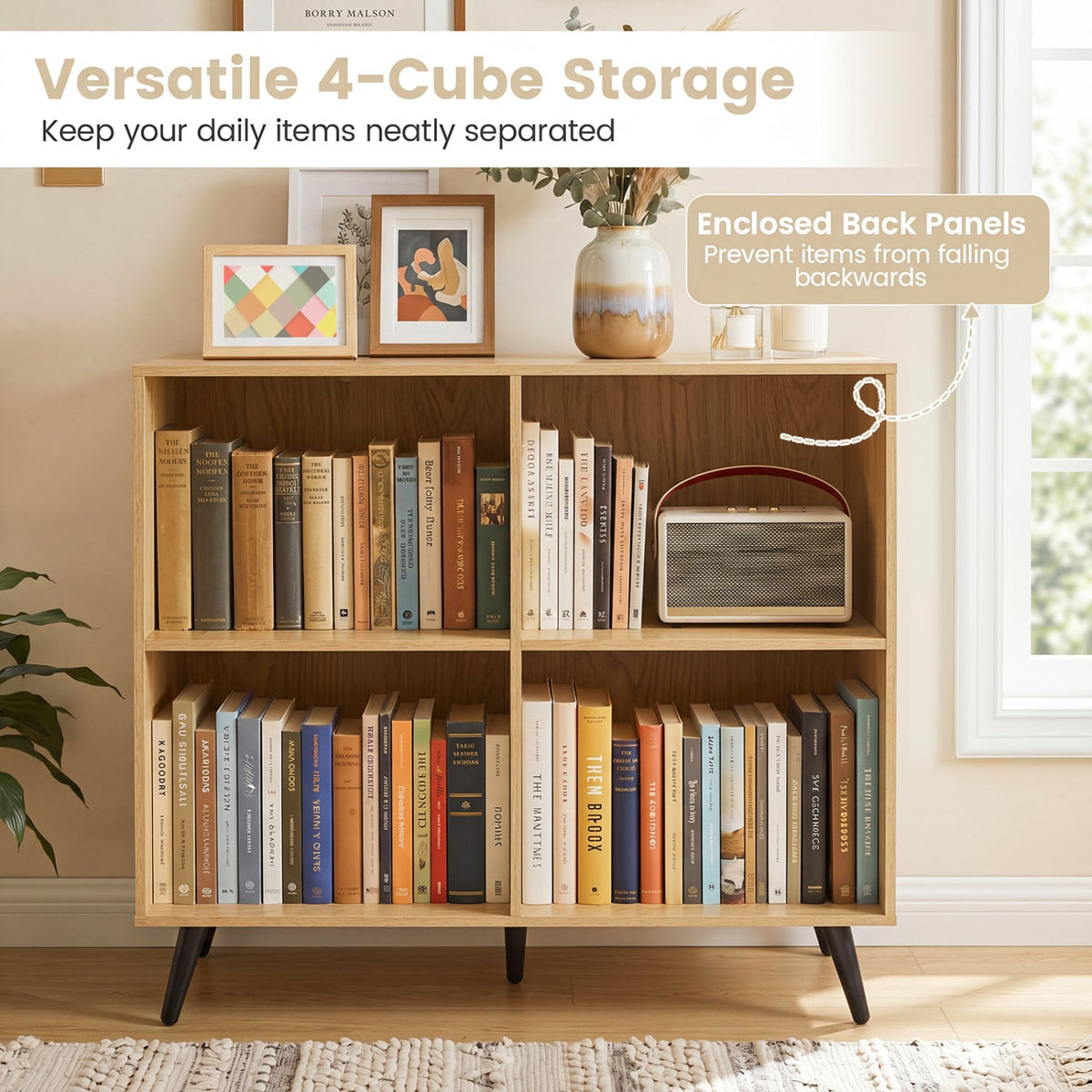 4-Cube Wooden Bookshelf Bookcase with 5 Metal Legs for Home-Natural-Bookcases-DECOROLALA