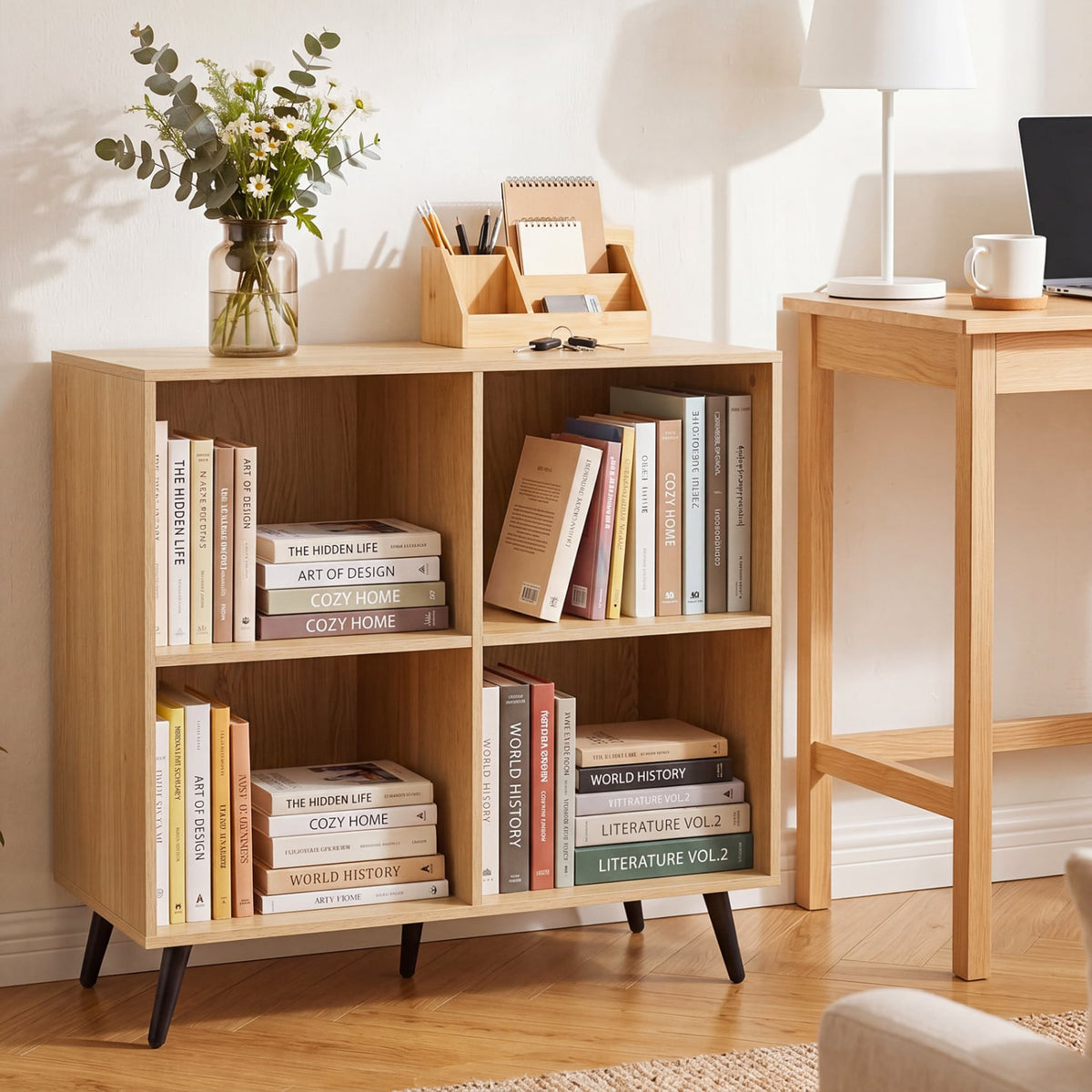 4-Cube Wooden Bookshelf Bookcase with 5 Metal Legs for Home-Natural-Bookcases-DECOROLALA