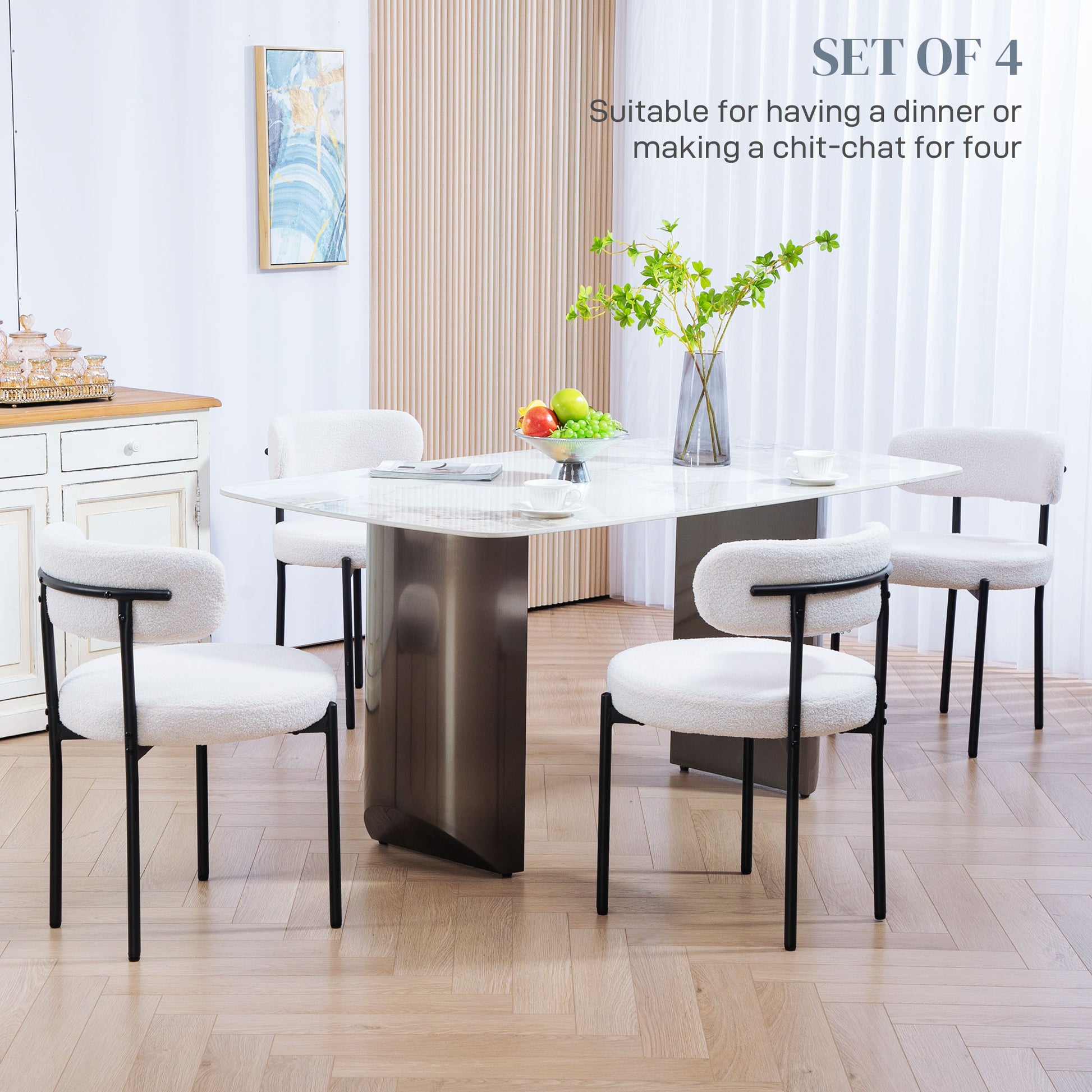 4 Dining Chairs - Modern Cream Fleece Upholstery Steel Legs-DECOROLALA