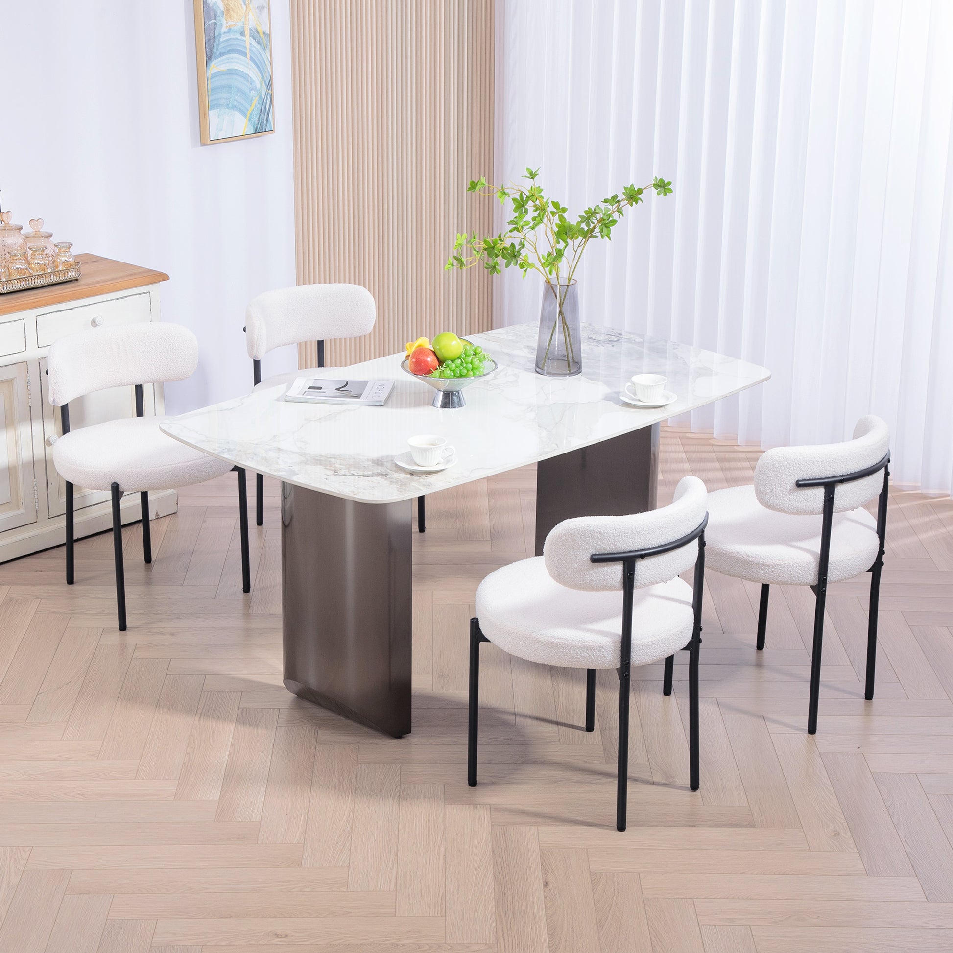 4 Dining Chairs - Modern Cream Fleece Upholstery Steel Legs-DECOROLALA