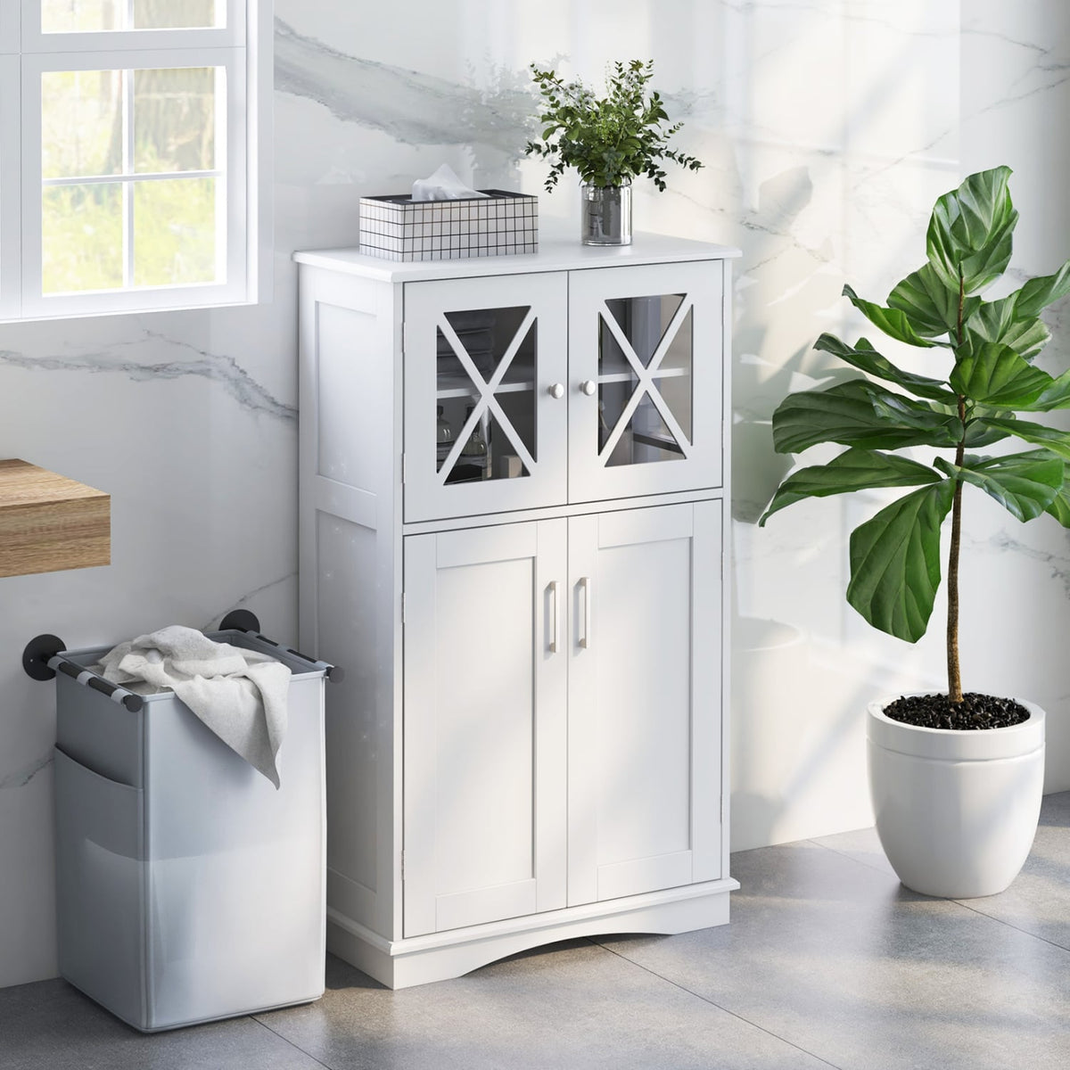 4-Door Bathroom Floor Cabinet - White MDF with Glass Doors-Floor Cabinets-DECOROLALA