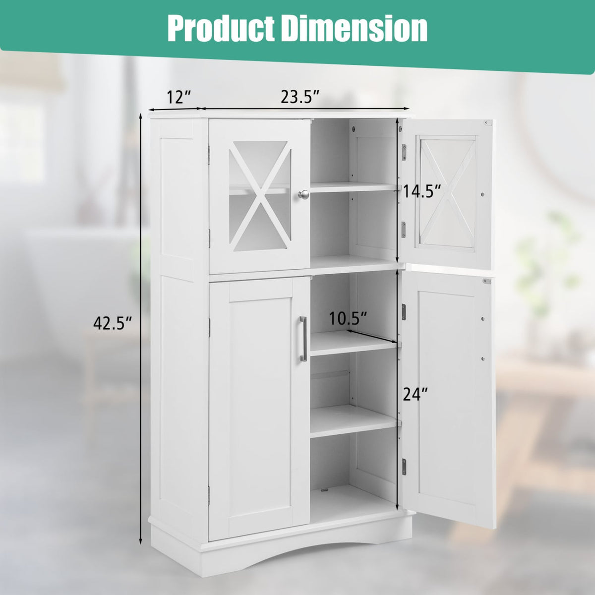 4-Door Bathroom Floor Cabinet - White MDF with Glass Doors-Floor Cabinets-DECOROLALA