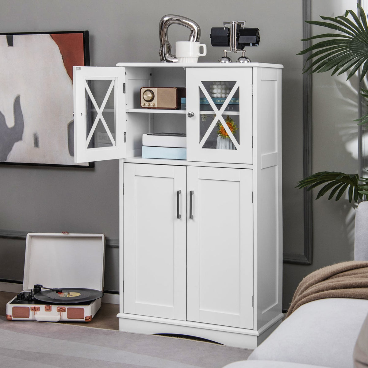 4-Door Bathroom Floor Cabinet - White MDF with Glass Doors-Floor Cabinets-DECOROLALA