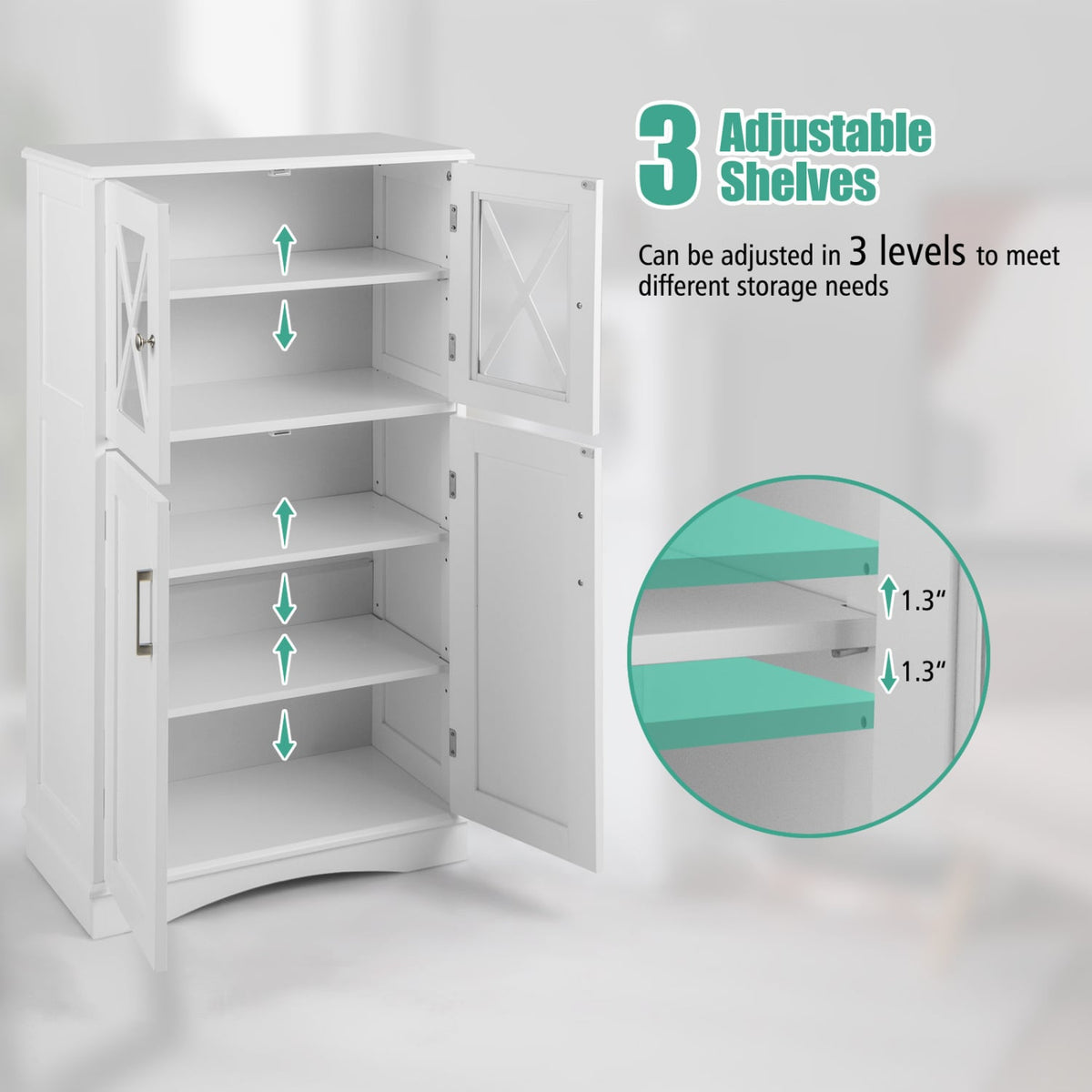 4-Door Bathroom Floor Cabinet - White MDF with Glass Doors-Floor Cabinets-DECOROLALA