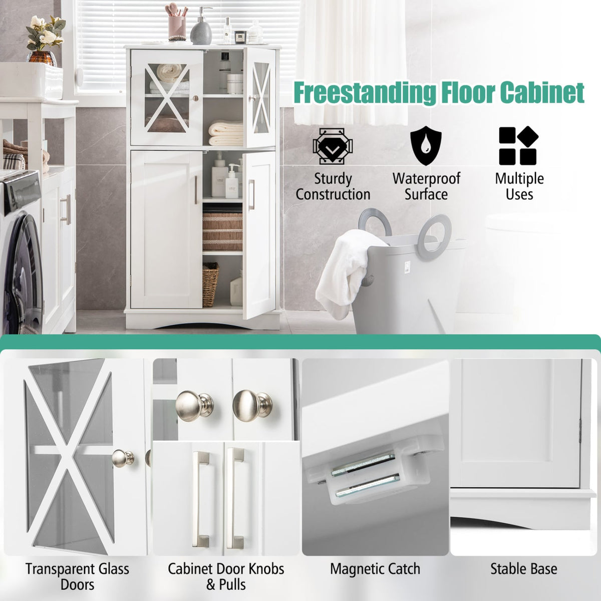 4-Door Bathroom Floor Cabinet - White MDF with Glass Doors-Floor Cabinets-DECOROLALA