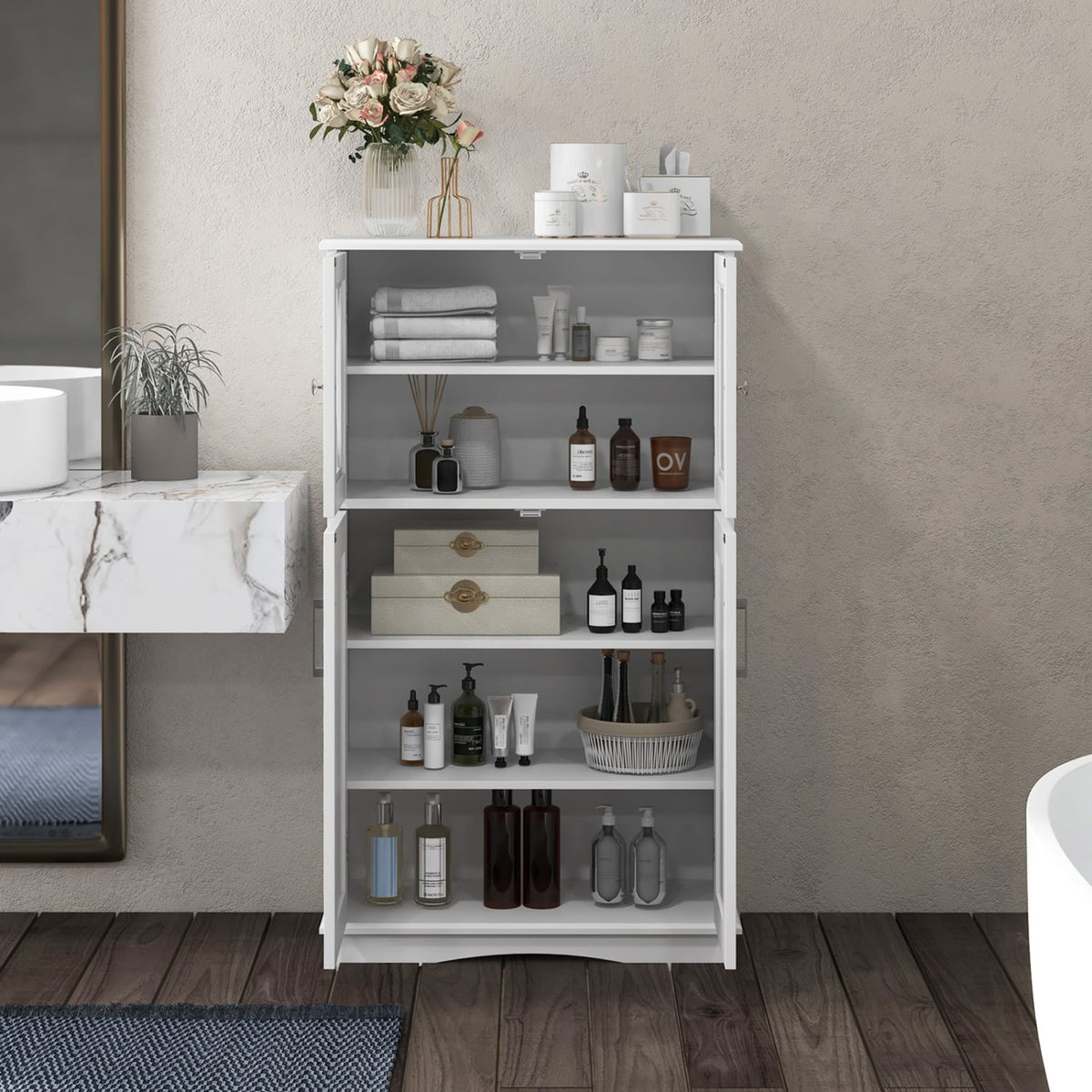 4-Door Bathroom Floor Cabinet - White MDF with Glass Doors-Floor Cabinets-DECOROLALA
