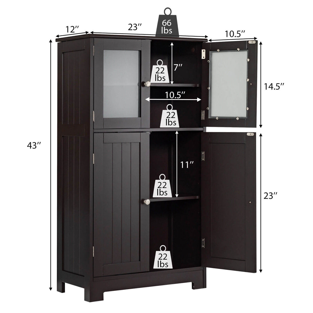 4-Door Bathroom Floor Cabinet with Adjustable Shelf - Brown-Floor Cabinets-DECOROLALA