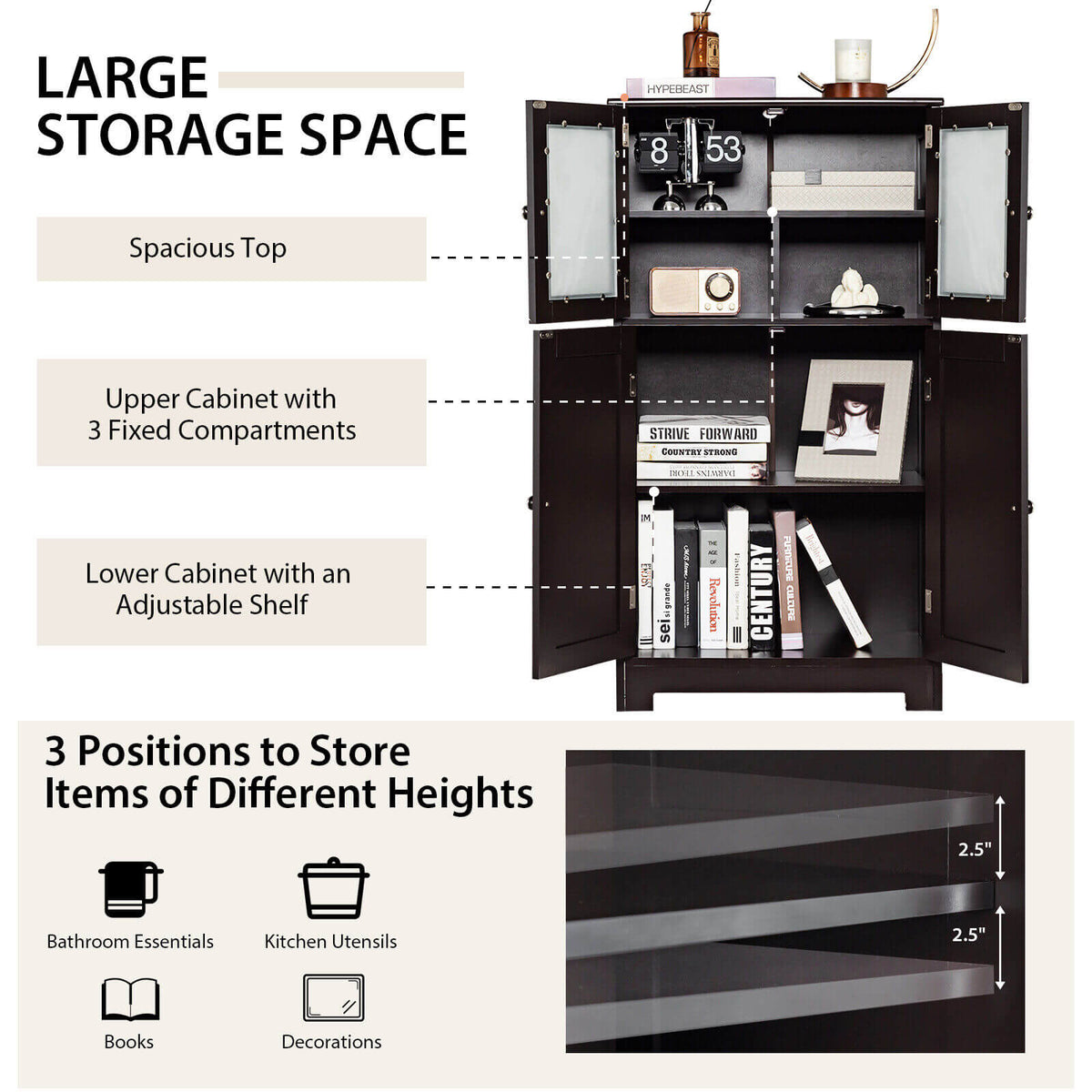4-Door Bathroom Floor Cabinet with Adjustable Shelf - Brown-Floor Cabinets-DECOROLALA