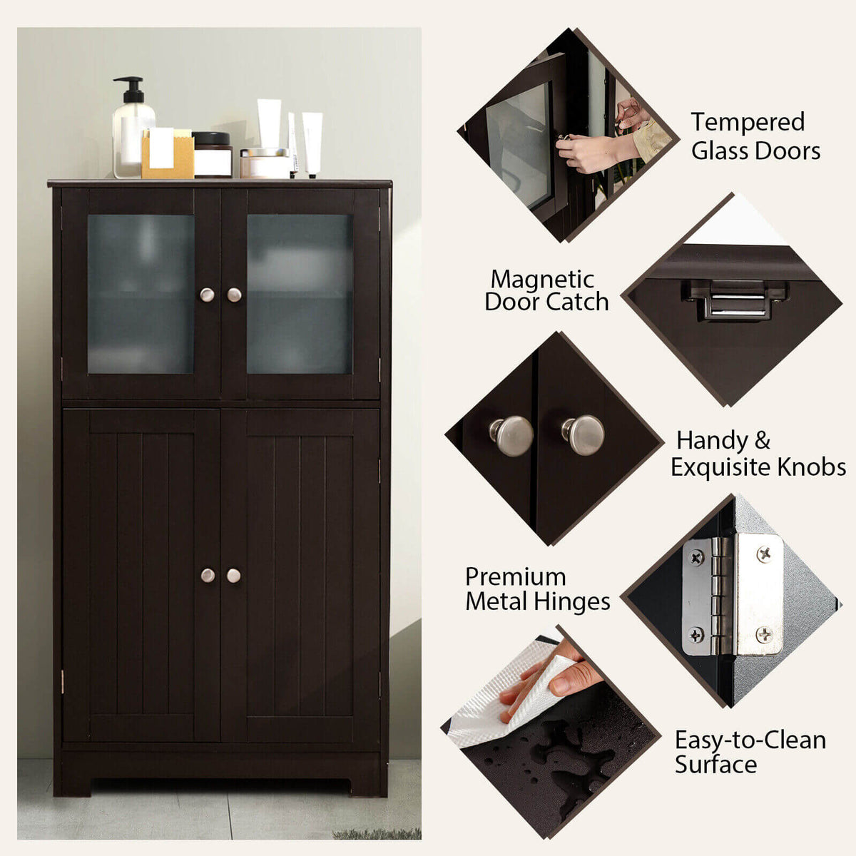4-Door Bathroom Floor Cabinet with Adjustable Shelf - Brown-Floor Cabinets-DECOROLALA