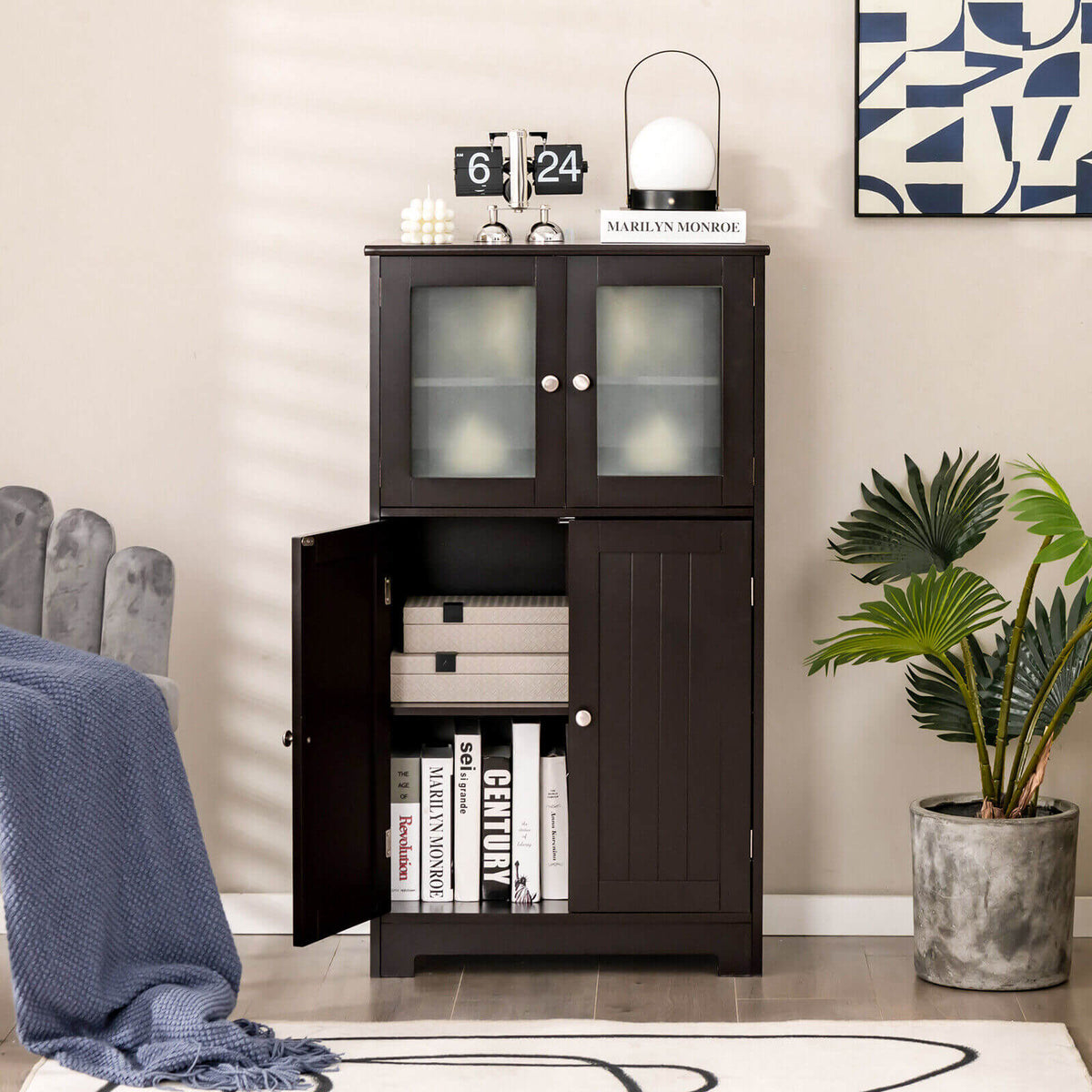 4-Door Bathroom Floor Cabinet with Adjustable Shelf - Brown-Floor Cabinets-DECOROLALA