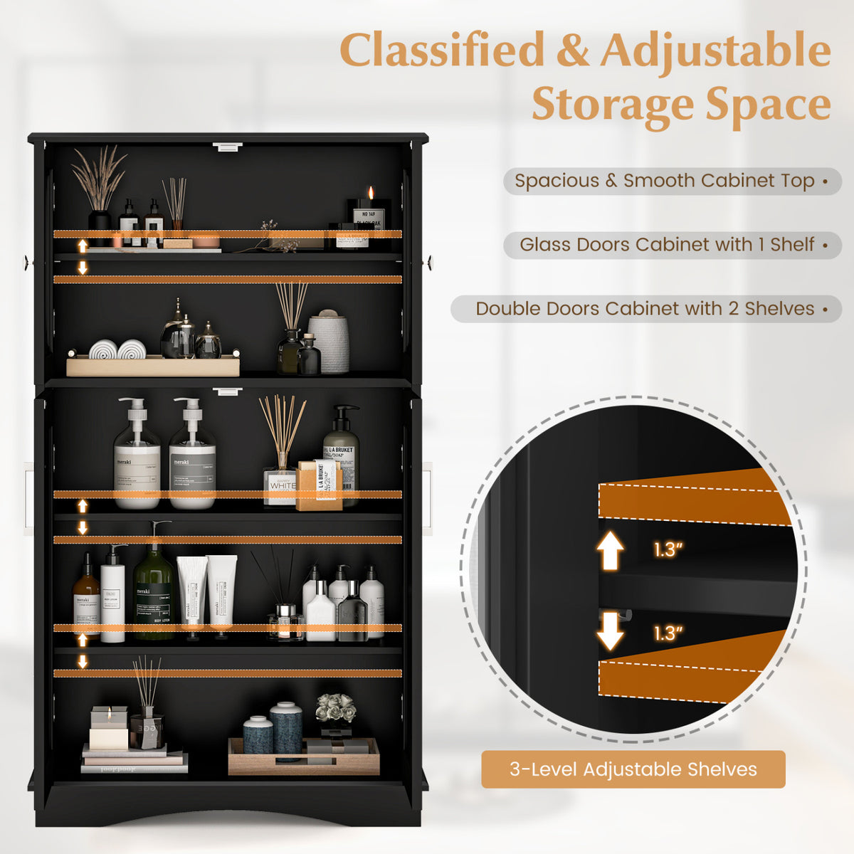 4-Door Bathroom Floor Cabinet with Adjustable Shelves - Black-Floor Cabinets-DECOROLALA