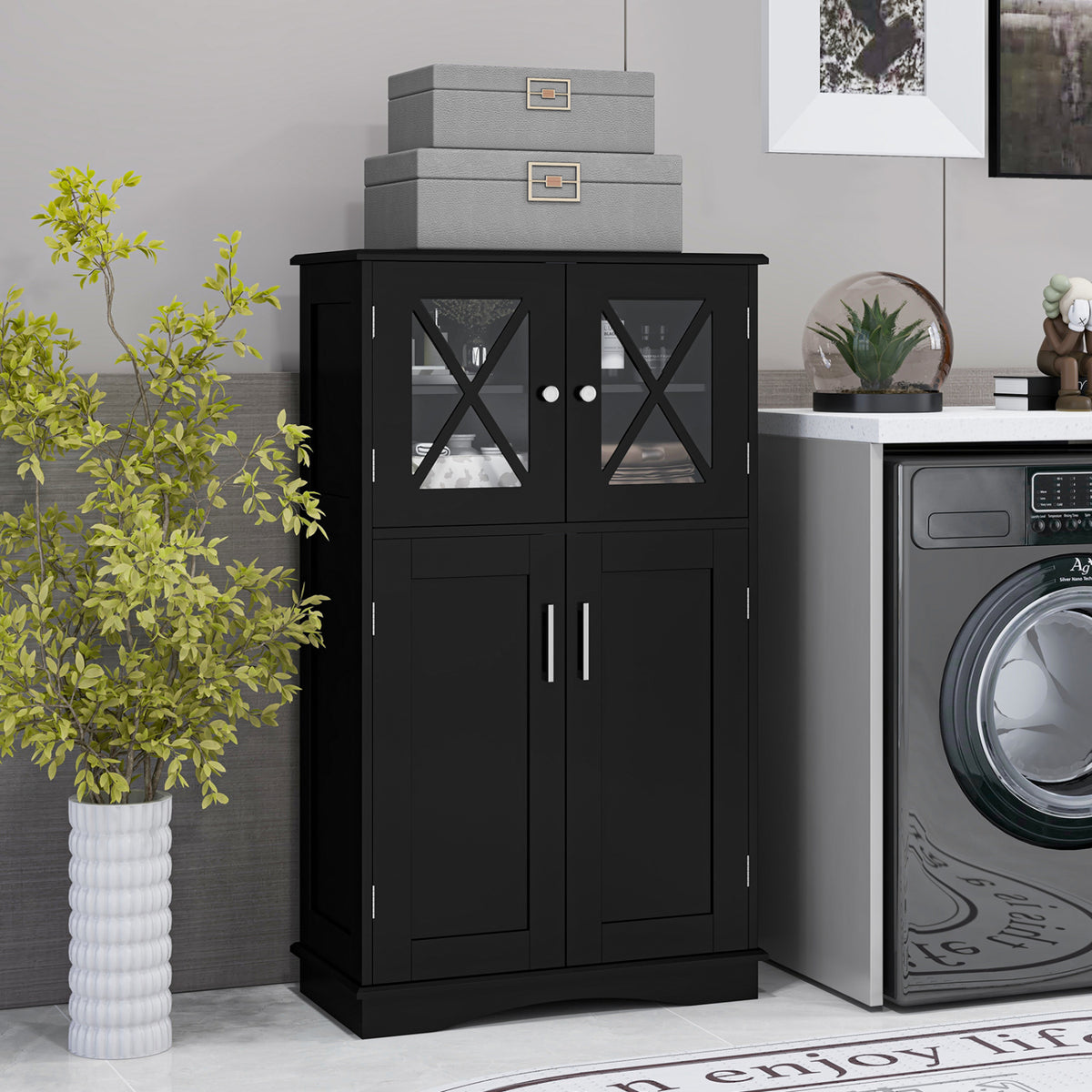 4-Door Bathroom Floor Cabinet with Adjustable Shelves - Black-Floor Cabinets-DECOROLALA