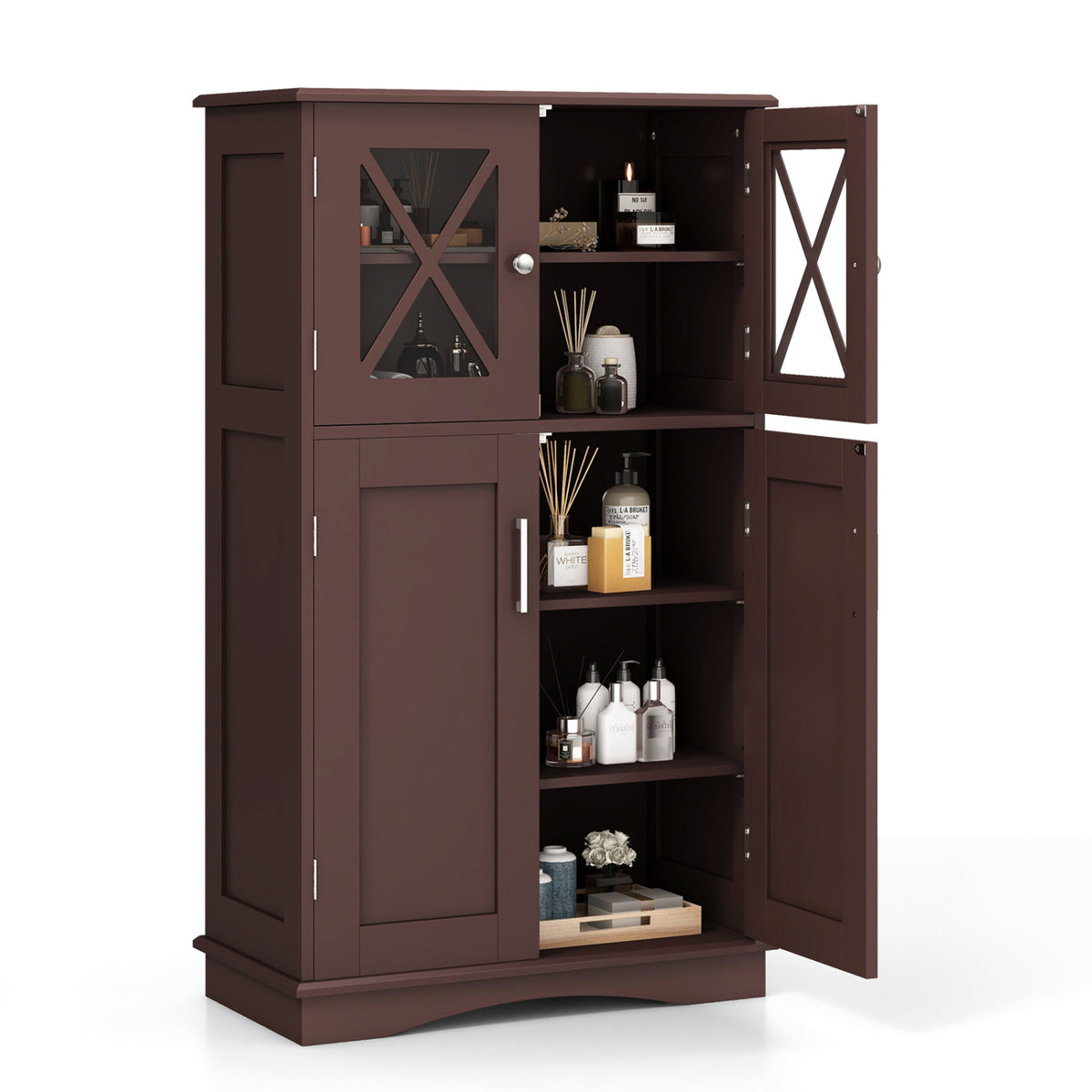 4-Door Bathroom Floor Cabinet with Adjustable Shelves - Brown-Bathroom Floor Cabinets-DECOROLALA