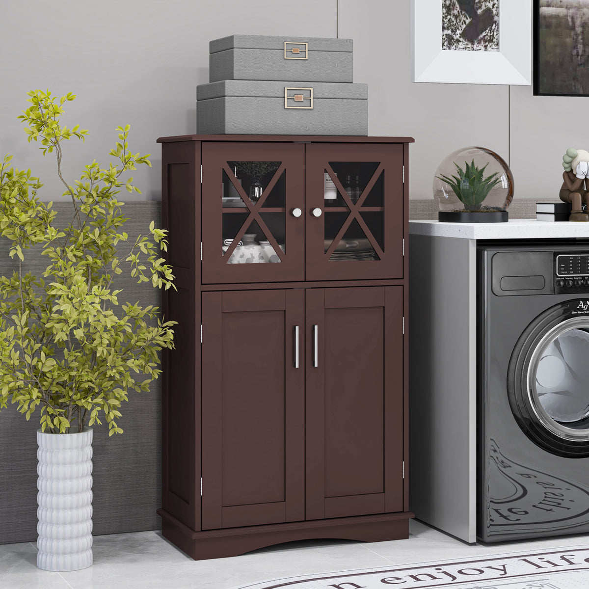 4-Door Bathroom Floor Cabinet with Adjustable Shelves - Brown-Bathroom Floor Cabinets-DECOROLALA