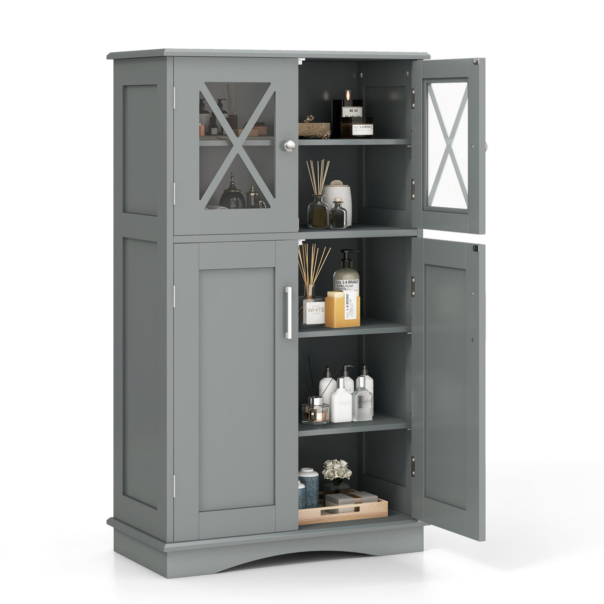 4-Door Bathroom Floor Cabinet with Adjustable Shelves - Gray-Bathroom Floor Cabinets-DECOROLALA