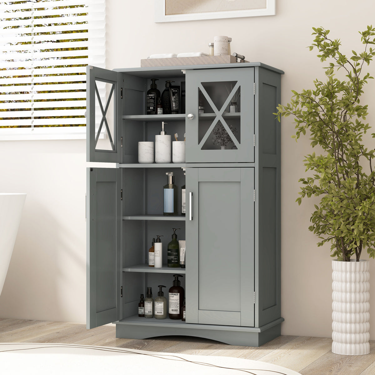 4-Door Bathroom Floor Cabinet with Adjustable Shelves - Gray-Floor Cabinets-DECOROLALA