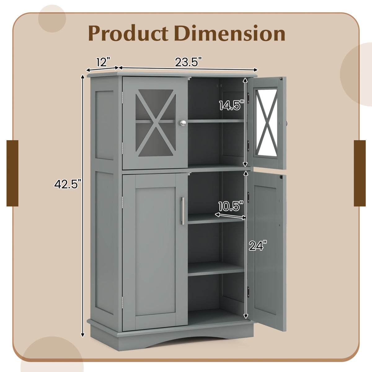 4-Door Bathroom Floor Cabinet with Adjustable Shelves - Gray-Floor Cabinets-DECOROLALA