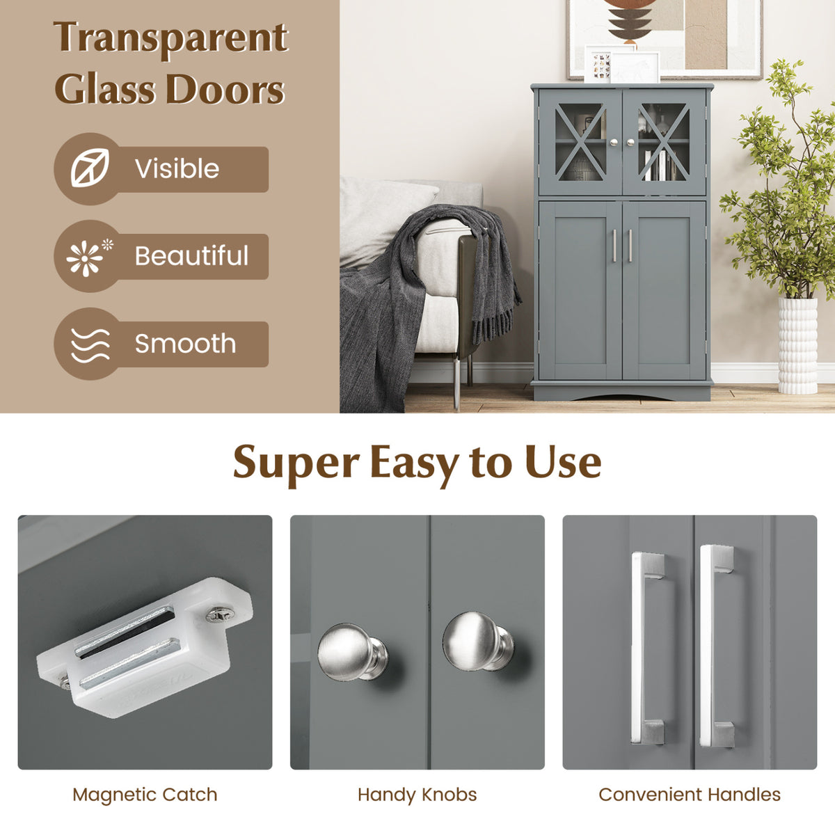 4-Door Bathroom Floor Cabinet with Adjustable Shelves - Gray-Floor Cabinets-DECOROLALA