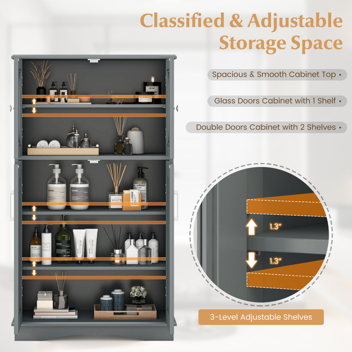 4-Door Bathroom Floor Cabinet with Adjustable Shelves - Gray-Floor Cabinets-DECOROLALA