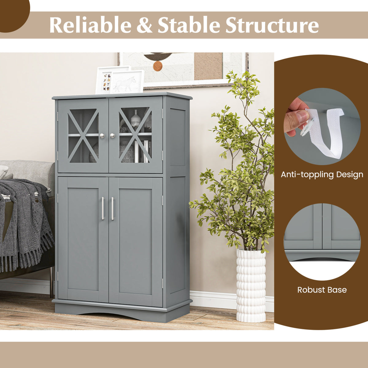 4-Door Bathroom Floor Cabinet with Adjustable Shelves - Gray-Floor Cabinets-DECOROLALA