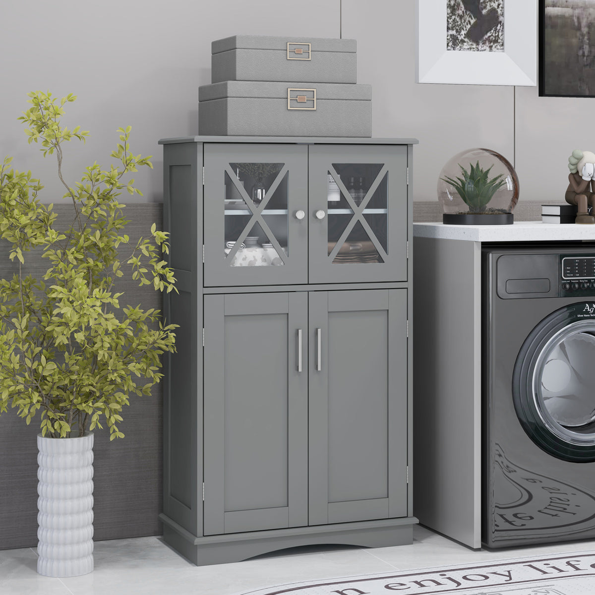 4-Door Bathroom Floor Cabinet with Adjustable Shelves - Gray-Floor Cabinets-DECOROLALA
