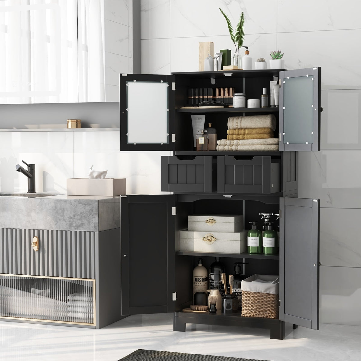 4-Door Bathroom Floor Storage Cabinet with Glass Doors - Black-Bathroom Floor Cabinets-DECOROLALA
