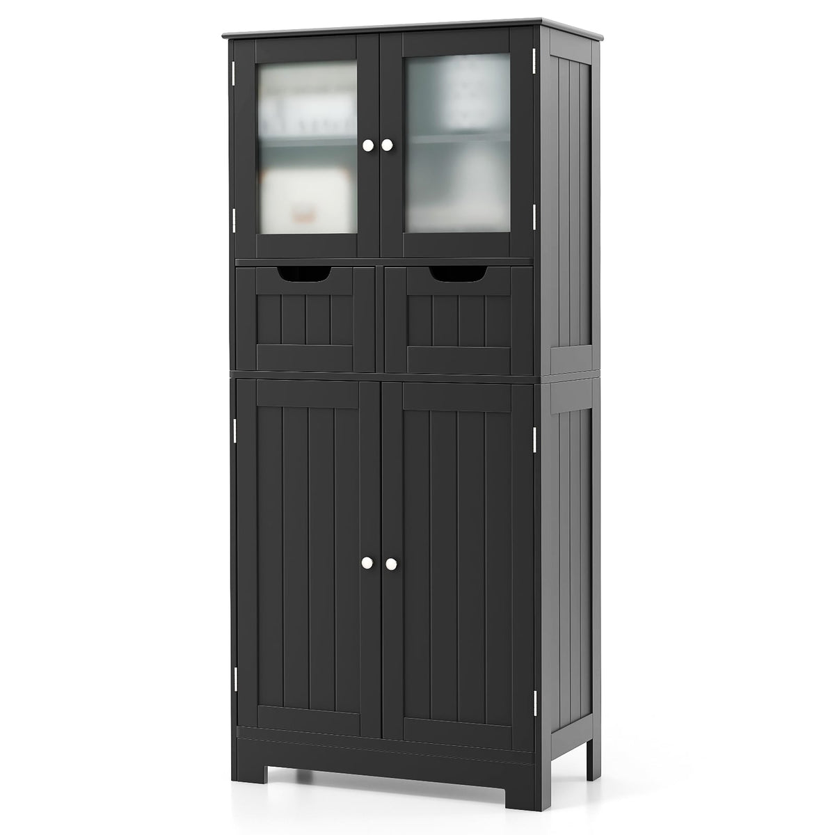 4-Door Bathroom Floor Storage Cabinet with Glass Doors - Black-Floor Cabinets-DECOROLALA
