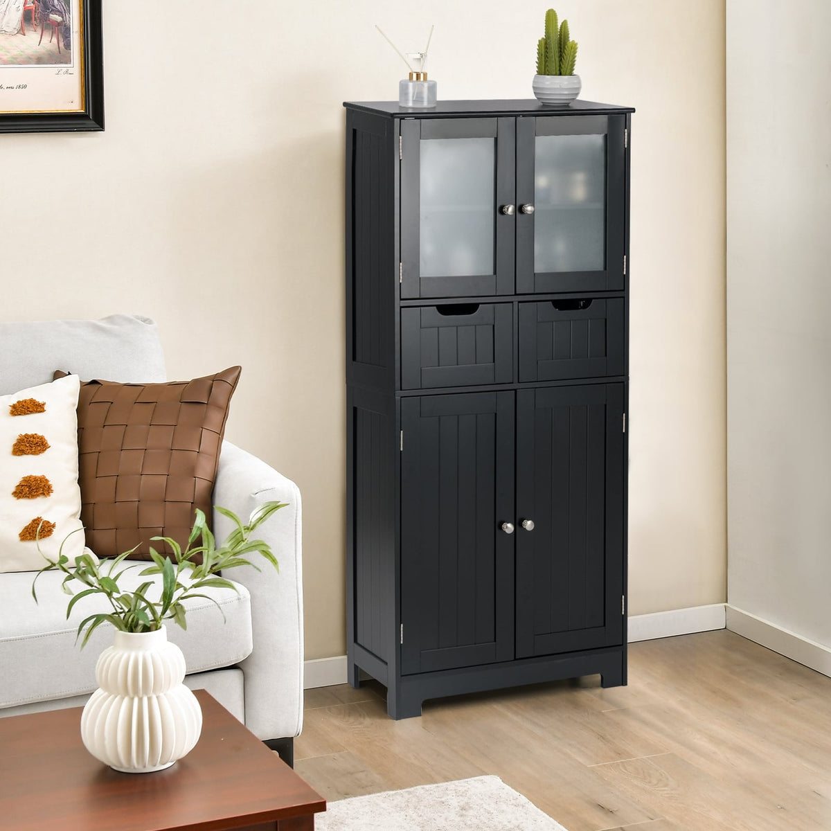 4-Door Bathroom Floor Storage Cabinet with Glass Doors - Black-Floor Cabinets-DECOROLALA