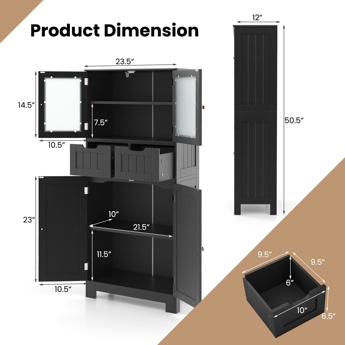 4-Door Bathroom Floor Storage Cabinet with Glass Doors - Black-Floor Cabinets-DECOROLALA