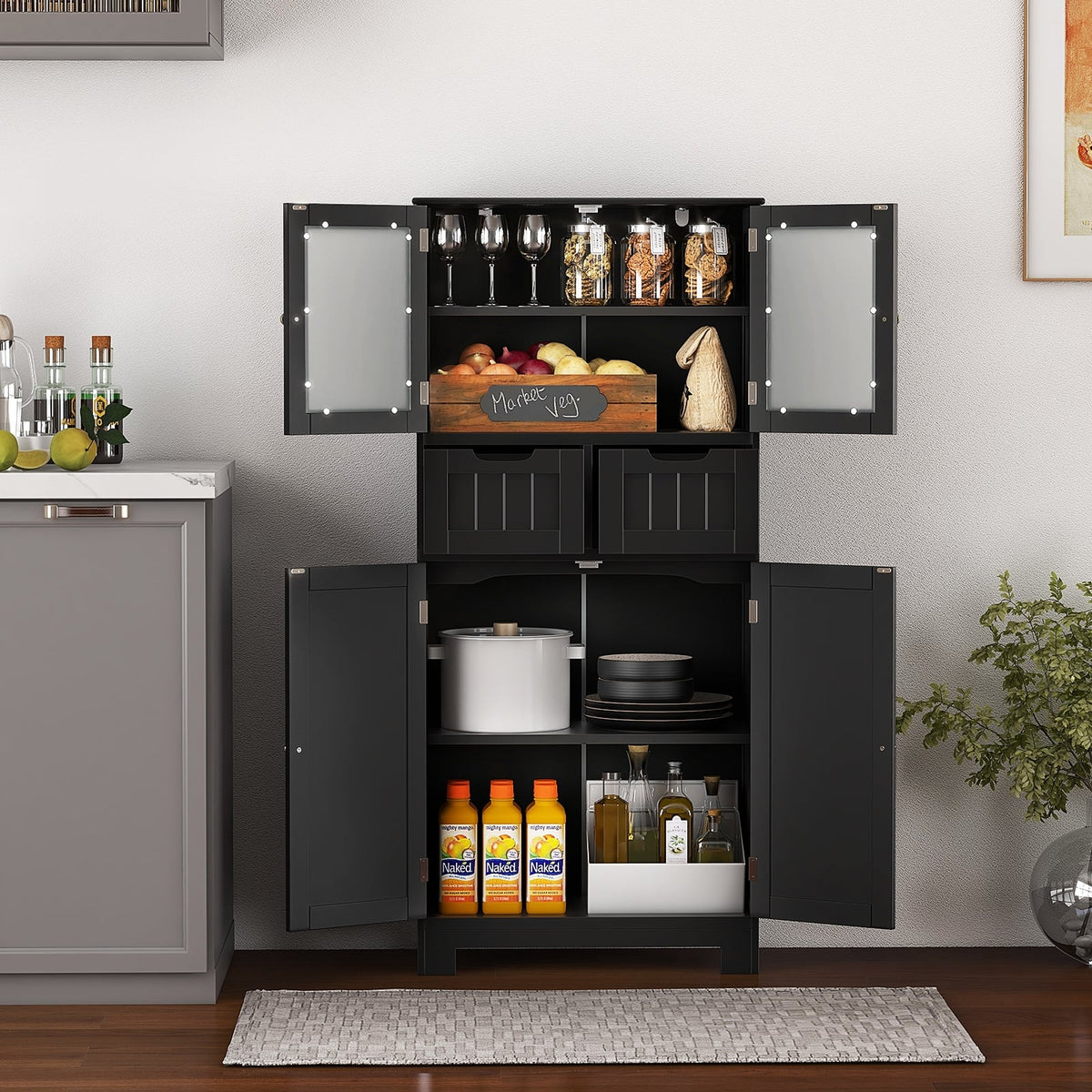 4-Door Bathroom Floor Storage Cabinet with Glass Doors - Black-Floor Cabinets-DECOROLALA