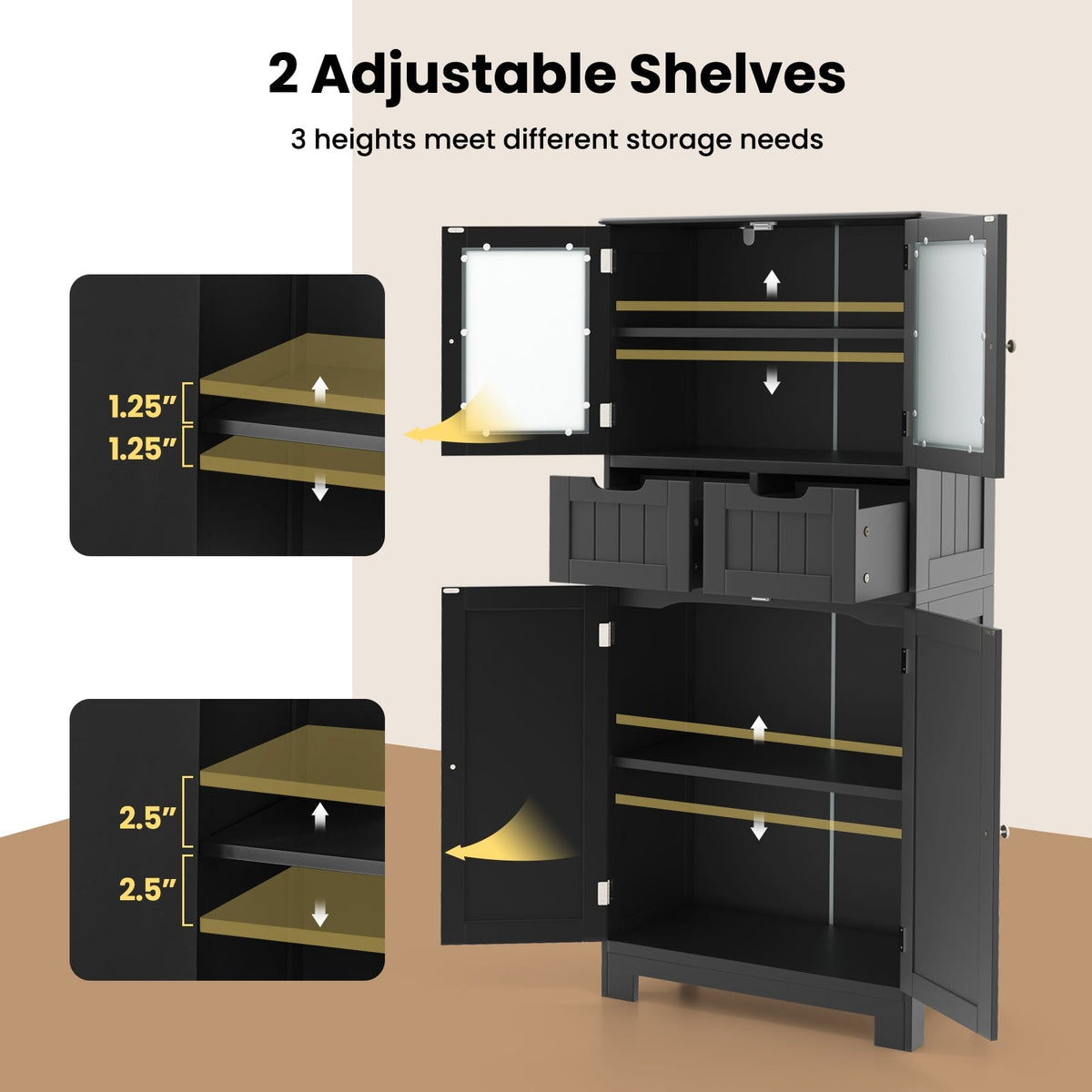 4-Door Bathroom Floor Storage Cabinet with Glass Doors - Black-Floor Cabinets-DECOROLALA