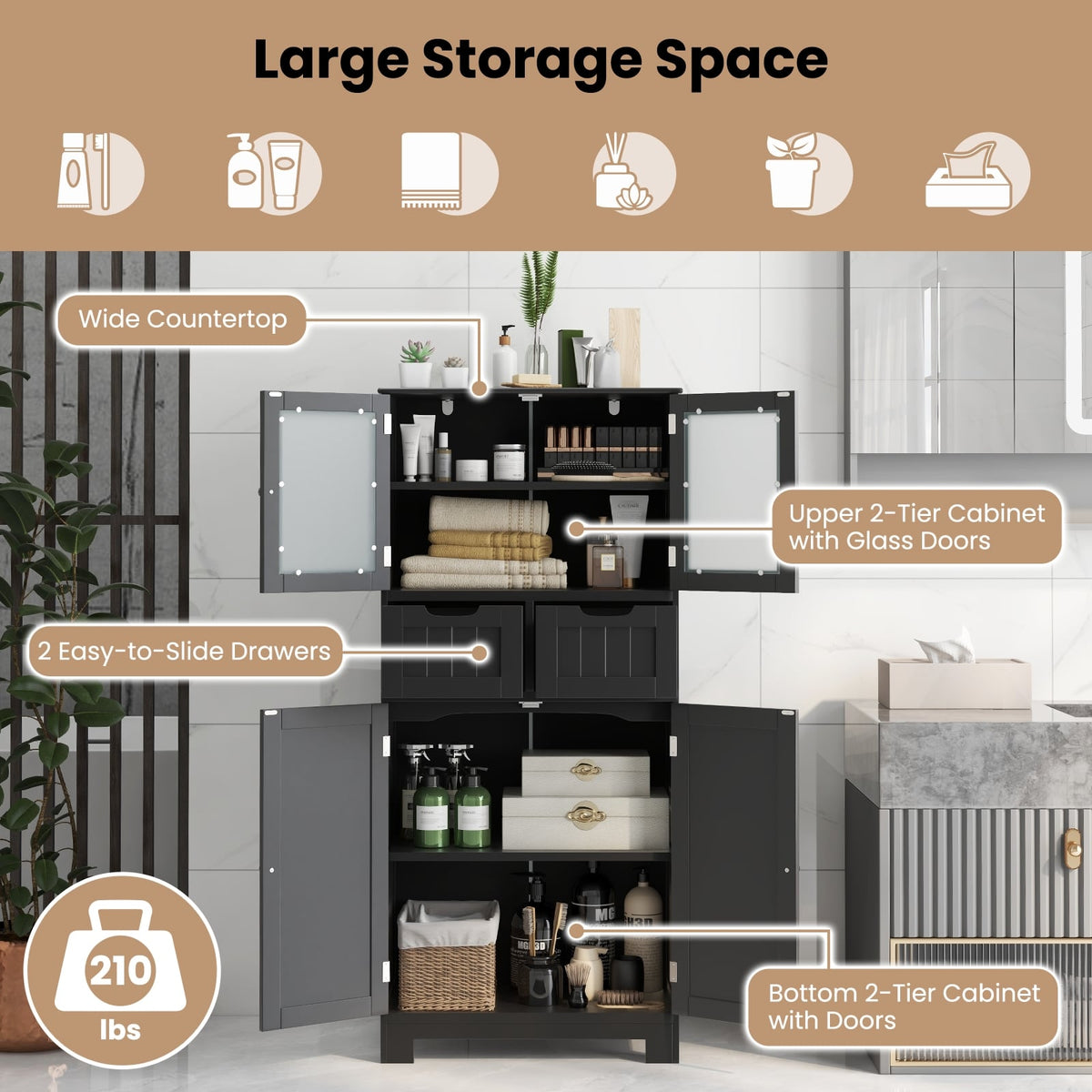 4-Door Bathroom Floor Storage Cabinet with Glass Doors - Black-Floor Cabinets-DECOROLALA