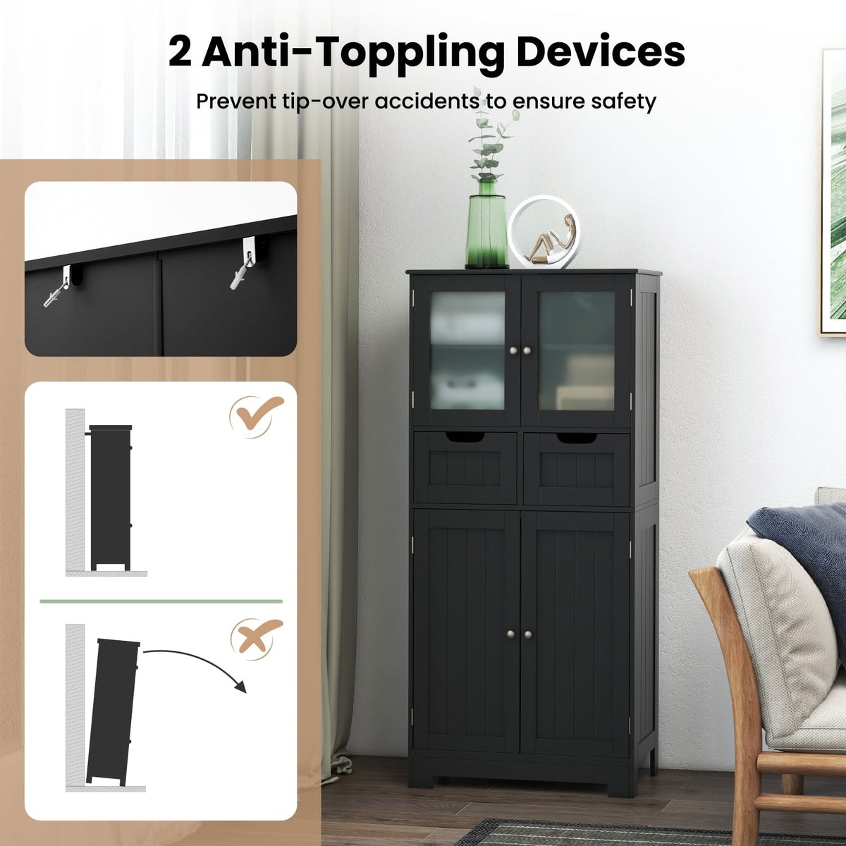 4-Door Bathroom Floor Storage Cabinet with Glass Doors - Black-Floor Cabinets-DECOROLALA