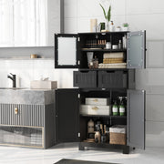 4-Door Bathroom Floor Storage Cabinet with Glass Doors - Black-Floor Cabinets-DECOROLALA