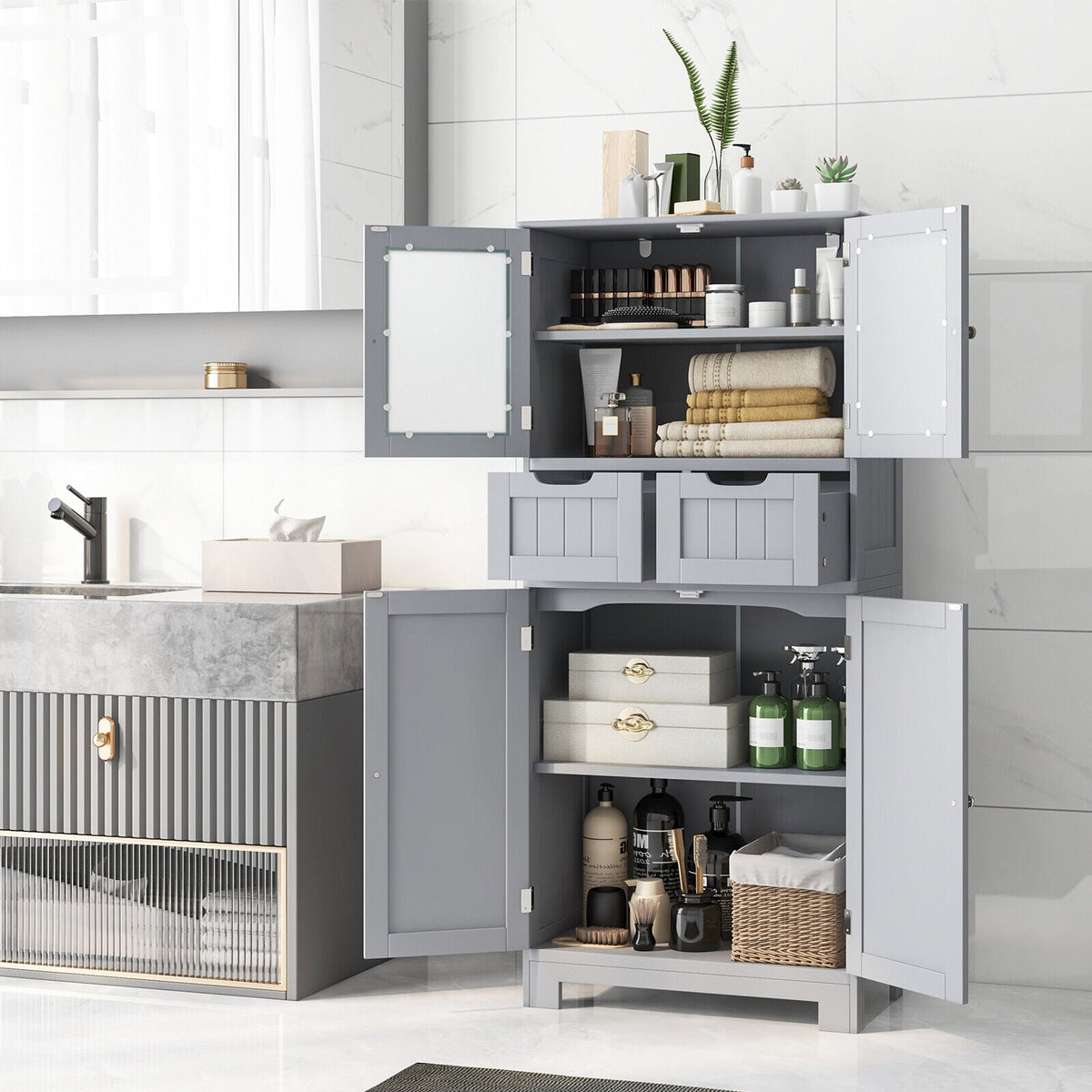 4-Door Freestanding Bathroom Cabinet with 2 Drawers - White-Floor Cabinets-DECOROLALA