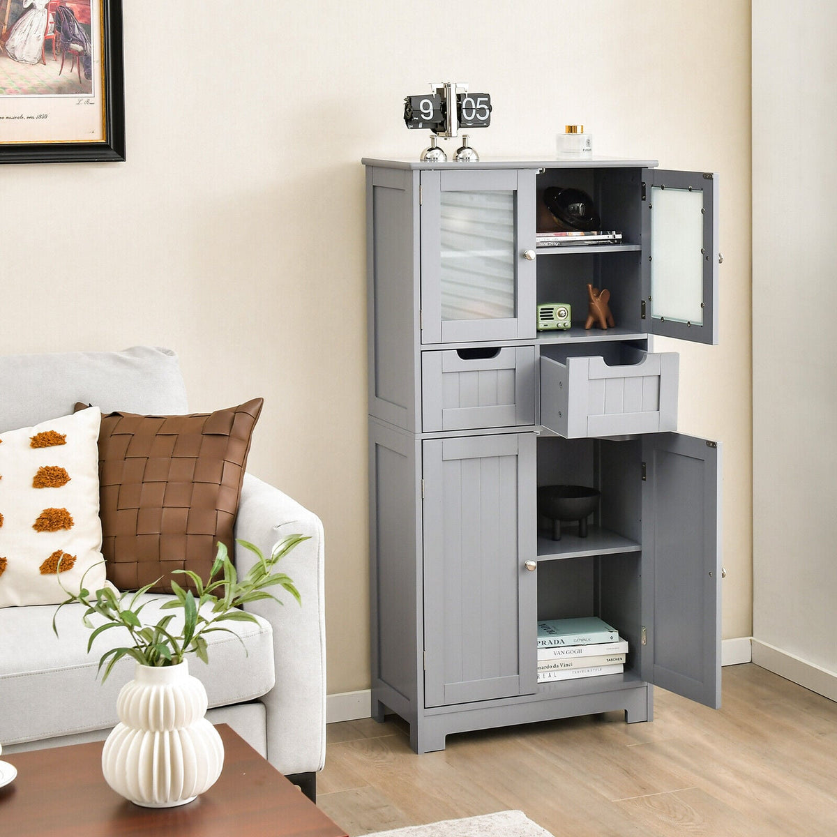4-Door Freestanding Bathroom Cabinet with 2 Drawers - White-Floor Cabinets-DECOROLALA