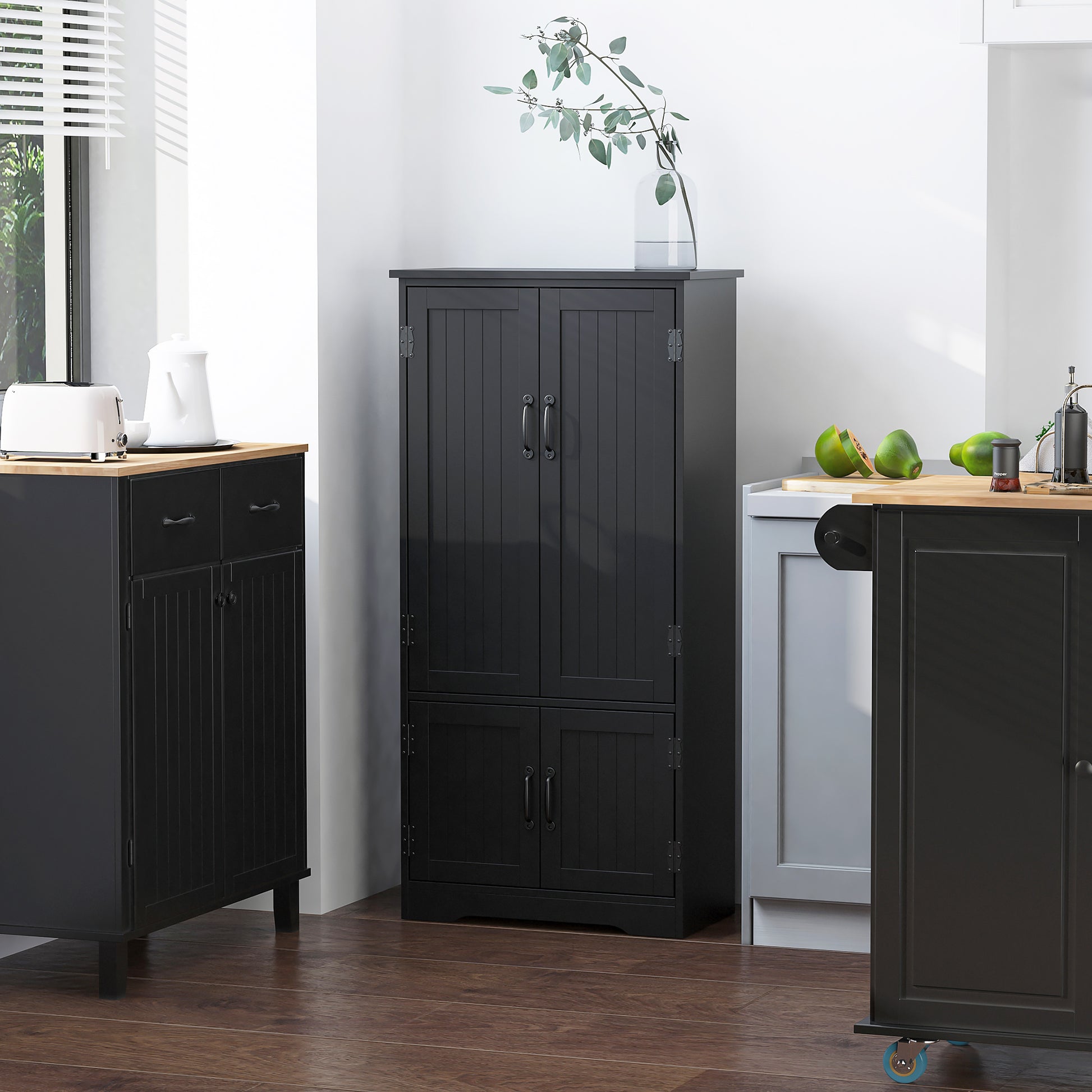 4-Door Pantry Storage Cabinet - 48" Black MDF-Home Furnishings > Storage & Organization > Kitchen Pantry Cabinets-DECOROLALA