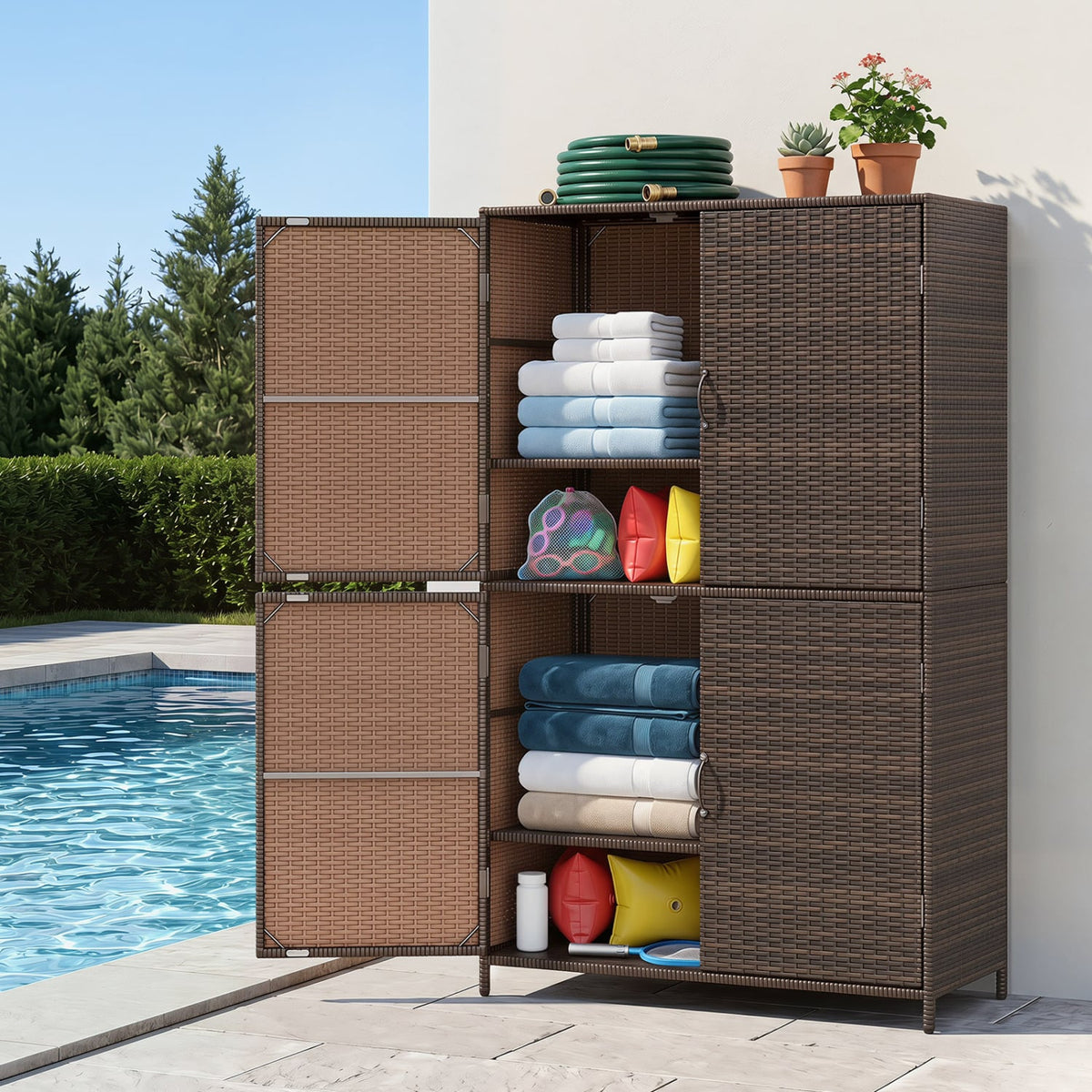 4-Door Rattan Vertical Storage Shed with Adjustable Shelves-Brown-Sheds & Outdoor Storage-DECOROLALA