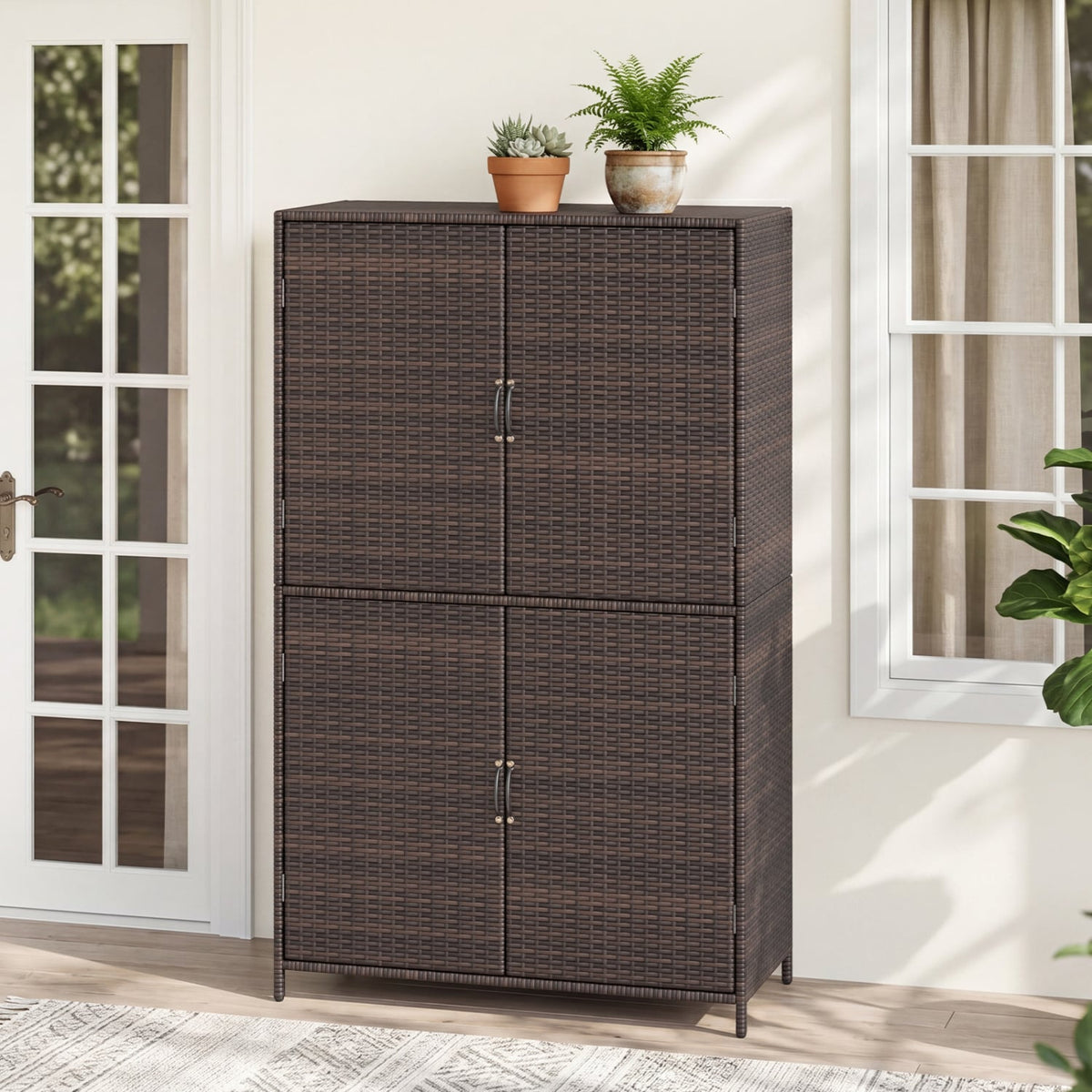 4-Door Rattan Vertical Storage Shed with Adjustable Shelves-Brown-Sheds & Outdoor Storage-DECOROLALA