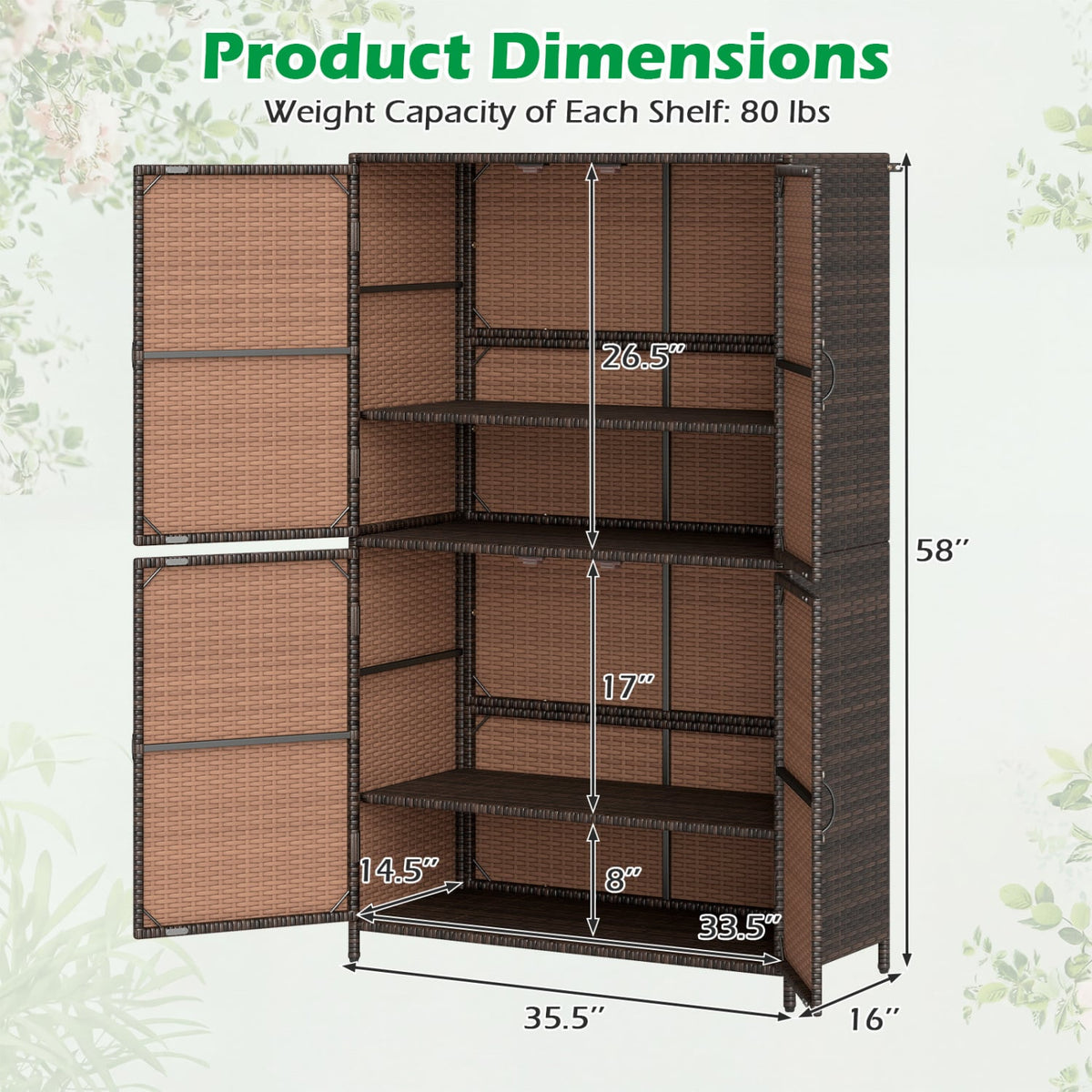 4-Door Rattan Vertical Storage Shed with Adjustable Shelves-Brown-Sheds & Outdoor Storage-DECOROLALA