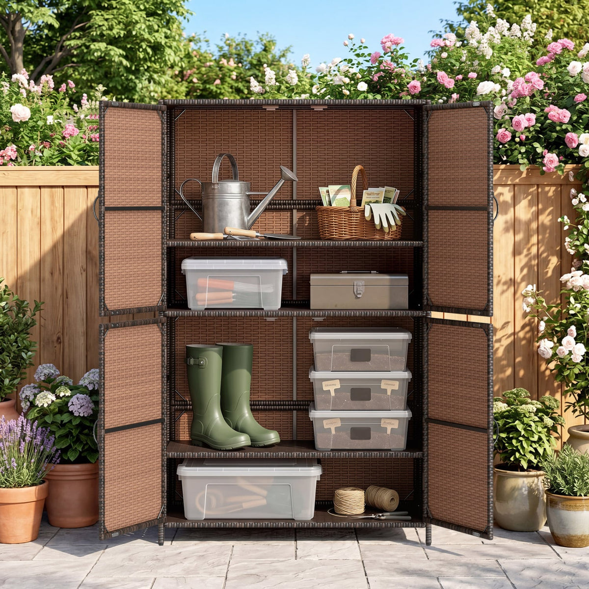 4-Door Rattan Vertical Storage Shed with Adjustable Shelves-Brown-Sheds & Outdoor Storage-DECOROLALA