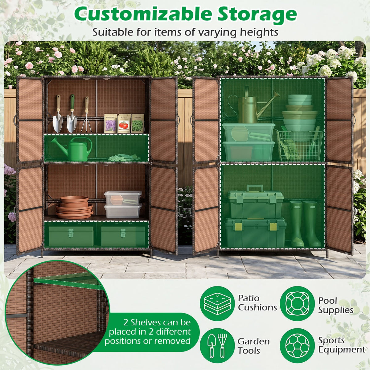 4-Door Rattan Vertical Storage Shed with Adjustable Shelves-Brown-Sheds & Outdoor Storage-DECOROLALA