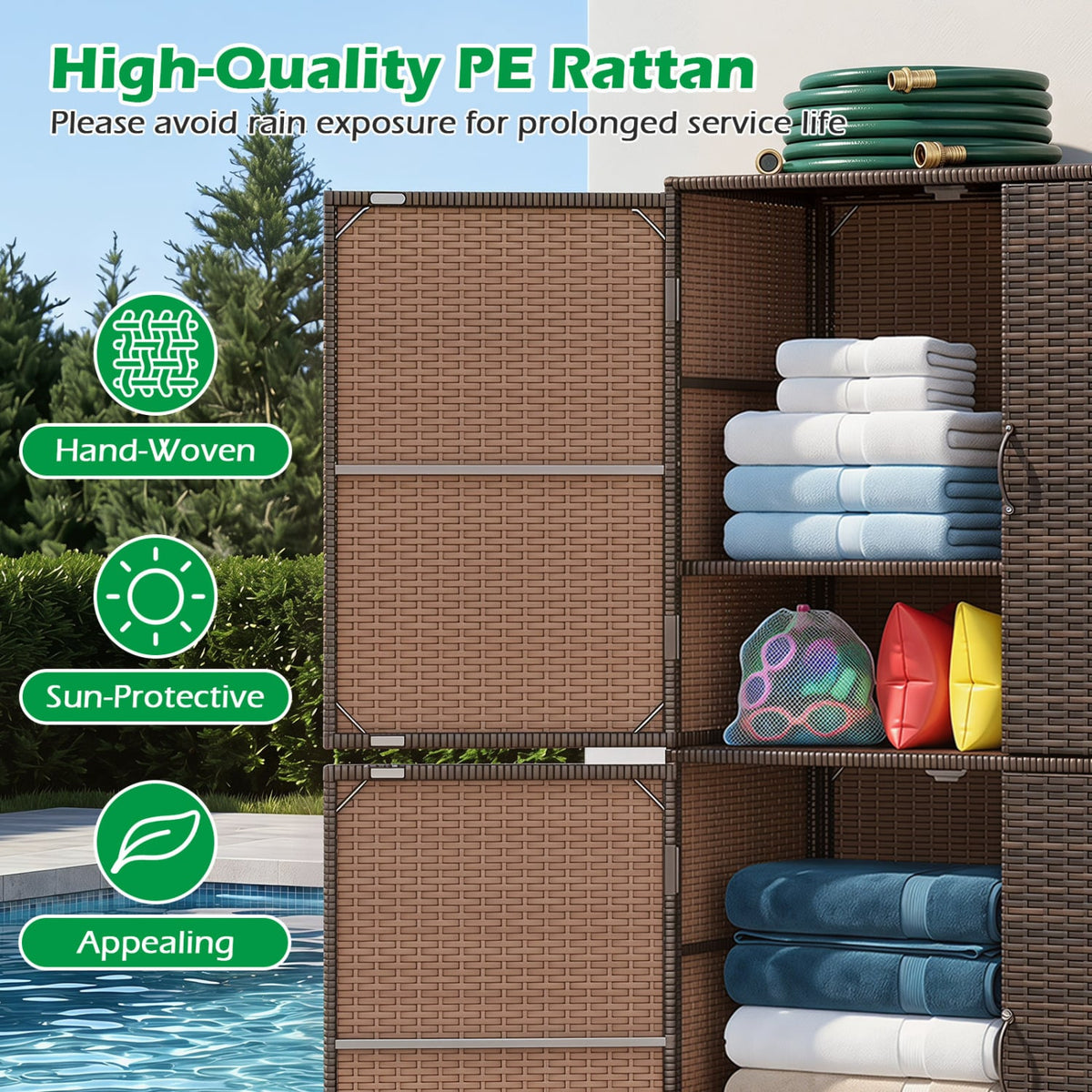 4-Door Rattan Vertical Storage Shed with Adjustable Shelves-Brown-Sheds & Outdoor Storage-DECOROLALA