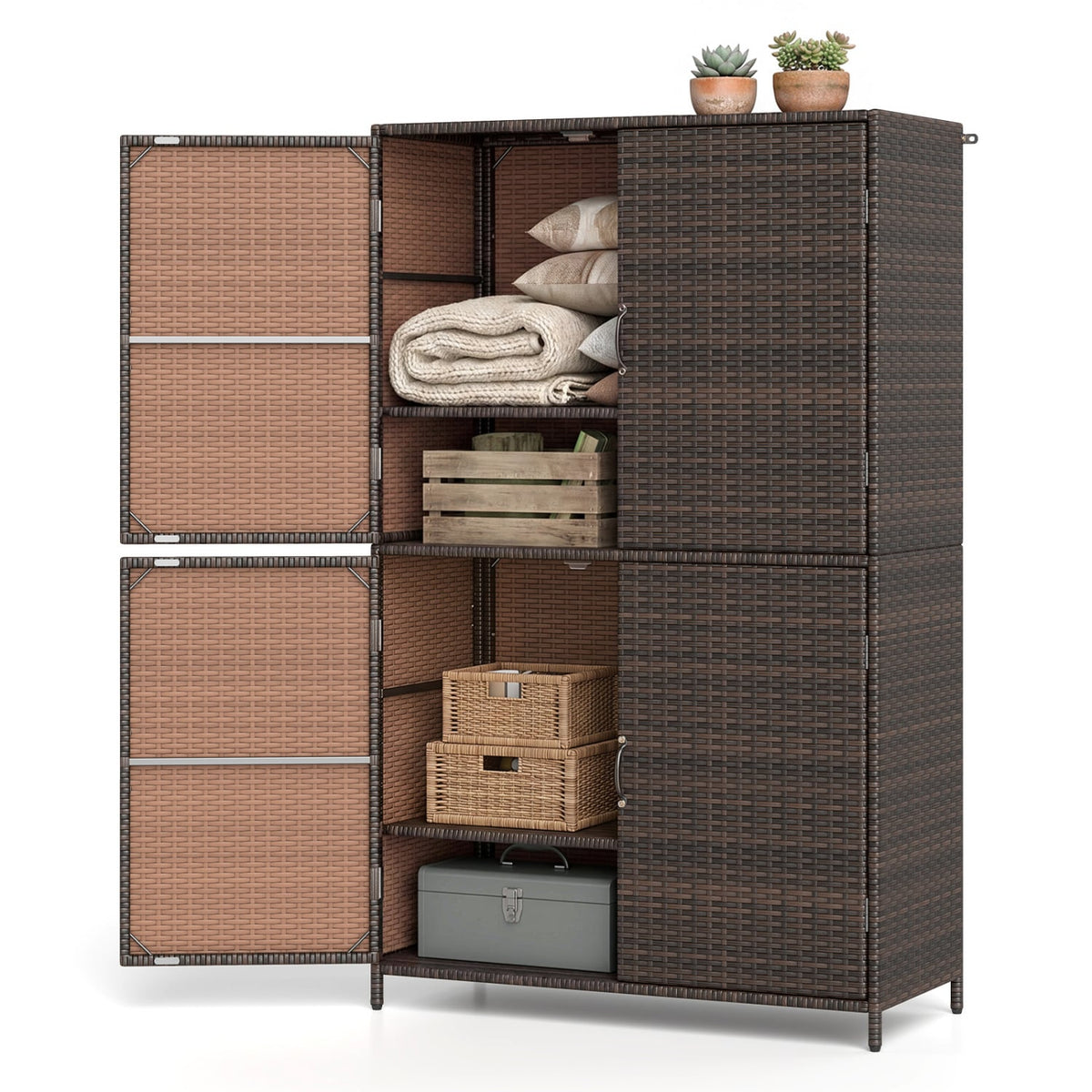 4-Door Rattan Vertical Storage Shed with Adjustable Shelves-Brown-Sheds & Outdoor Storage-DECOROLALA