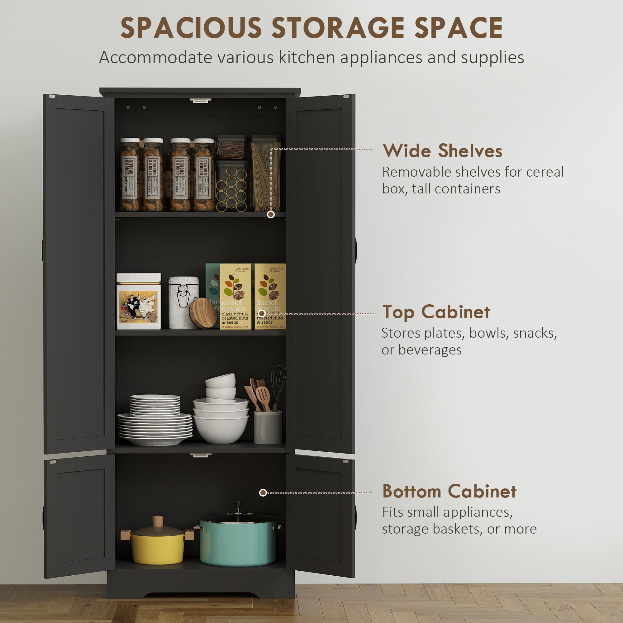 4-Door Storage Cabinet 60" Black Adjustable Shelves-DECOROLALA