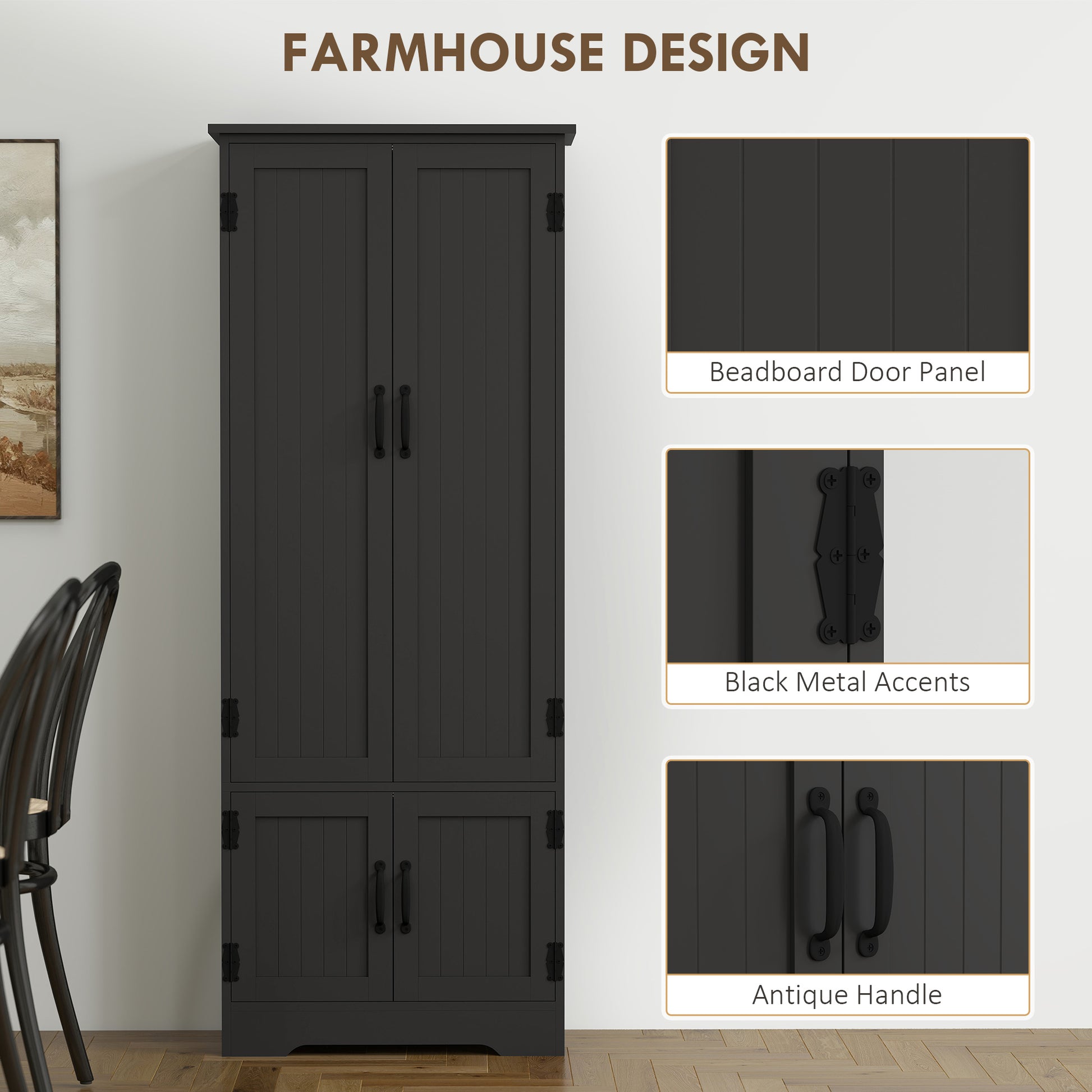 4-Door Storage Cabinet 60" Black Adjustable Shelves-DECOROLALA